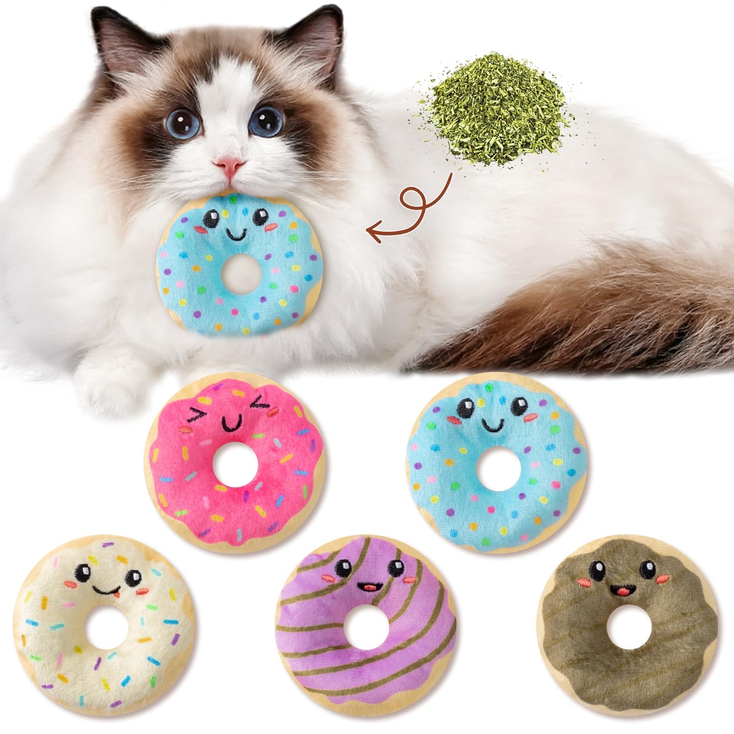 L1rabe Donut Catnip Stuffed Toys for Cats - 5Pcs Summer Gift Funny Dessert Organic Cat Toys Pet Supplies, Indoor Cats Chew Bite Teething Tools Kittens Catmint Birthday Present Interactive Supplies