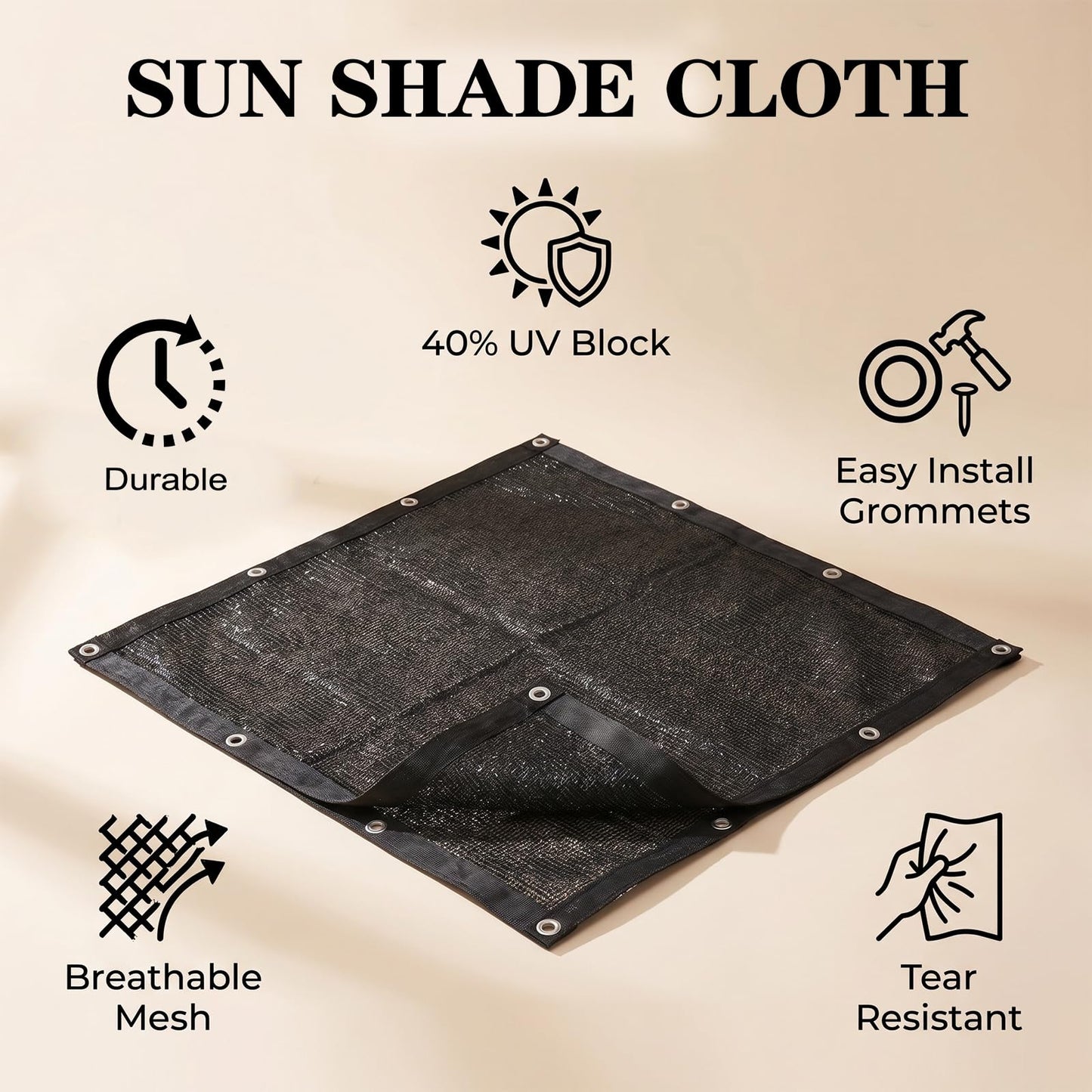 Hortifan 40% Black Shade Cloth, 8 x 10 FT Durable Taped Edge with Brass Grommets UV Resistant Garden Sunblock Shade Net for Outdoor Greenhouse, Plant and Patio