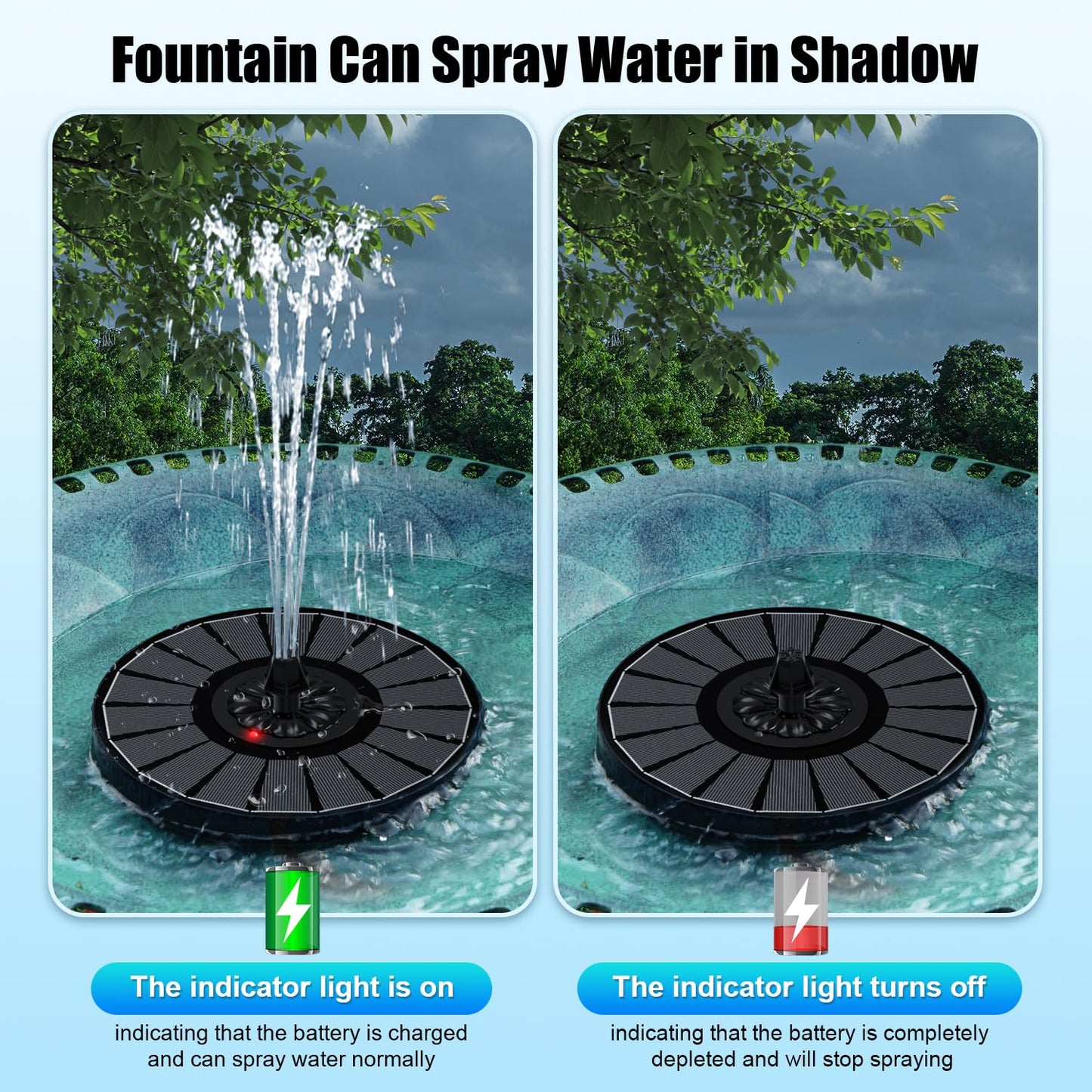 SZMP Solar Fountain Work On Cloudy Day,Solar Water Bird Bath Fountain with Faster Conversion Glass Solar Panel and Power Indicator,Built-in 2000mAh Battery,Outdoor Garden Decor(Black Panel)