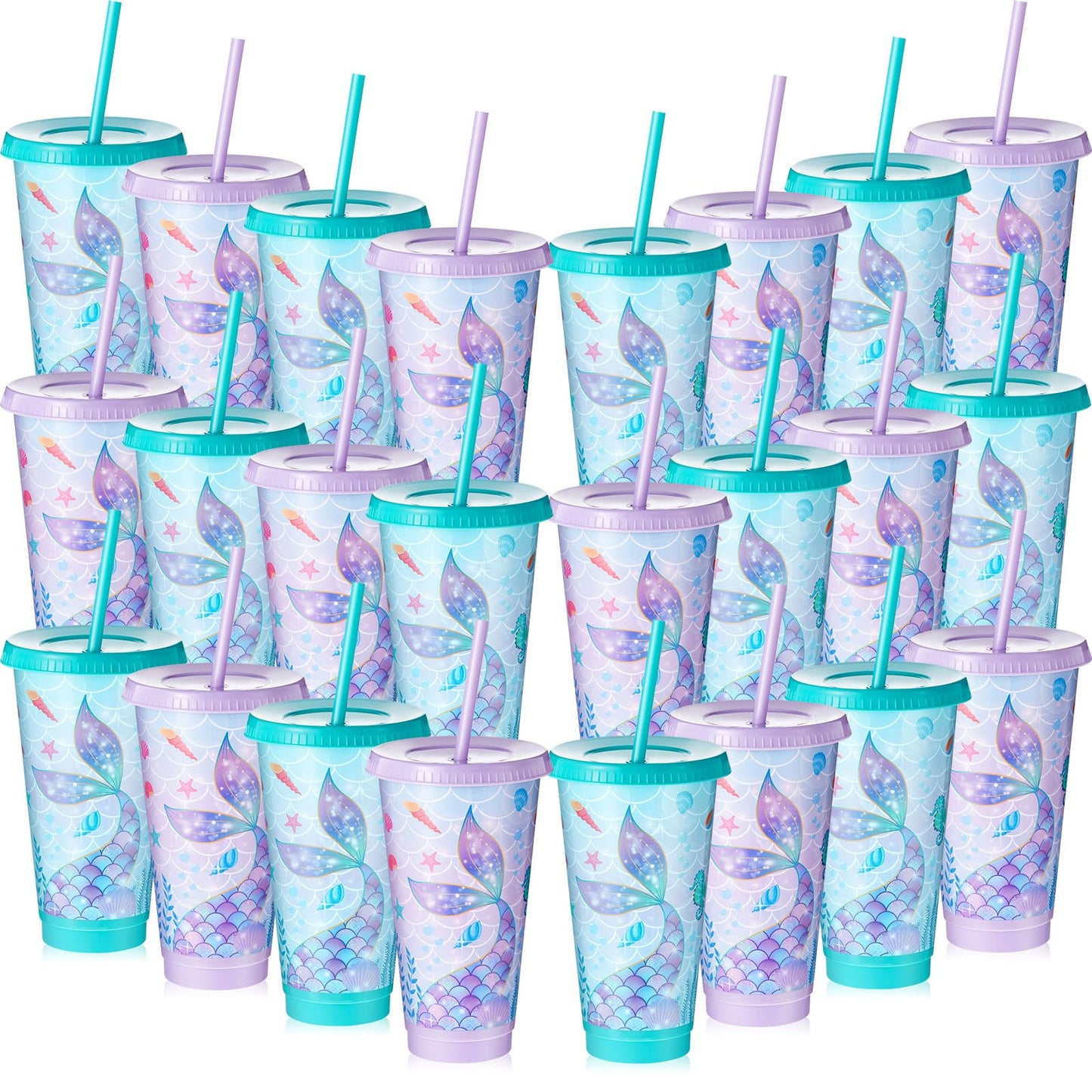 Uiifan 24 Pcs Mermaid Party Cups with Lid and Straw 24oz Mermaid Birthday Decorations Tail Shell Starfish Reusable Cup for Birthday Baby Shower Ocean Party Supplies