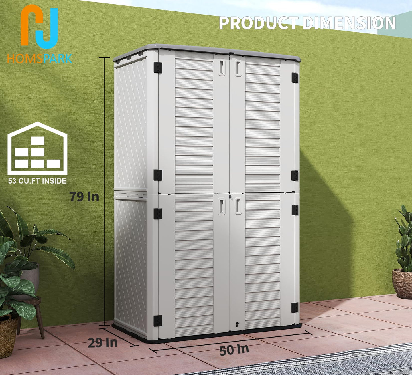 HOMSPARK Storage Shed Weather Resistance, Multi-Purpose Outdoor Storage Cabinet for Backyards and Patios, Horizontal Storage Shed for Lawnmower, Patio Accessories (White, Tall - 53 cu.ft)
