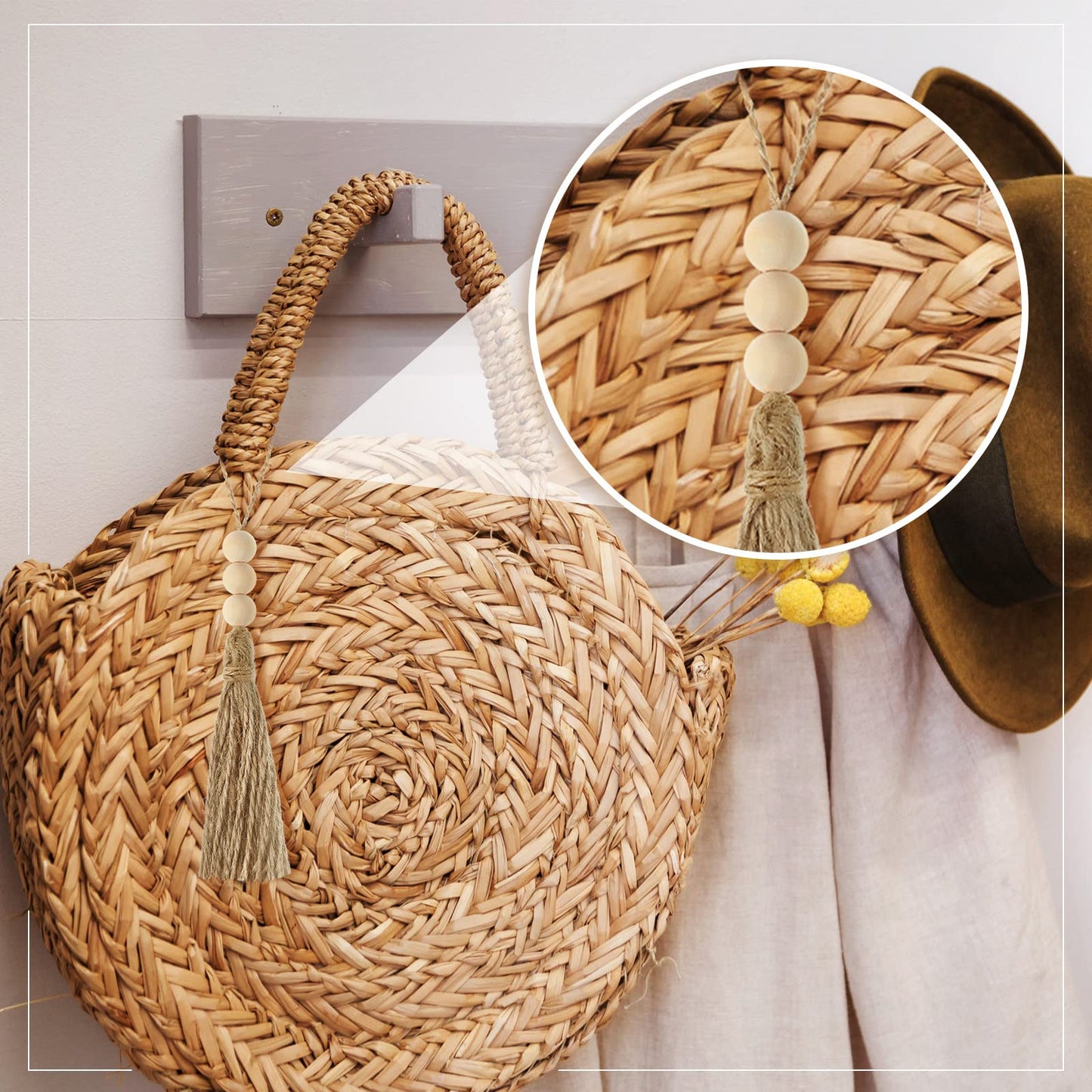 Taiyin 40 Sets Jute Tassels with 3 Wood Beads Natural Jute Rope Burlap Tassels for Christmas Tree DIY Craft Wood Beads Garland Project Wedding Home Party Decorations
