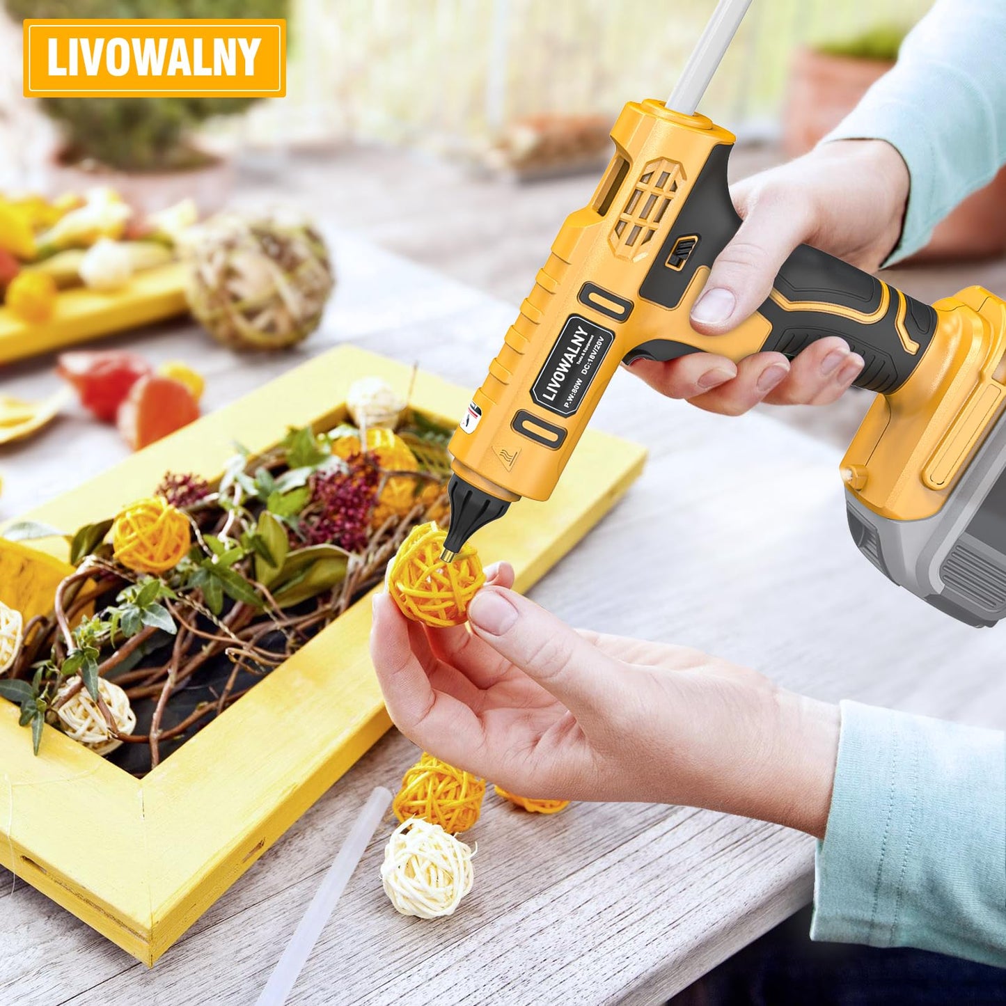 LIVOWALNY Cordless Hot Glue Gun Compatible with Dewalt 20V Battery (Tool Only) 100W Hot Glue Gun And 30 Sticks Set in Crafting Wood PVC Glass Home Repair with 30 Pcs 0.27 * 5.9 inch Hot Glue Sticks