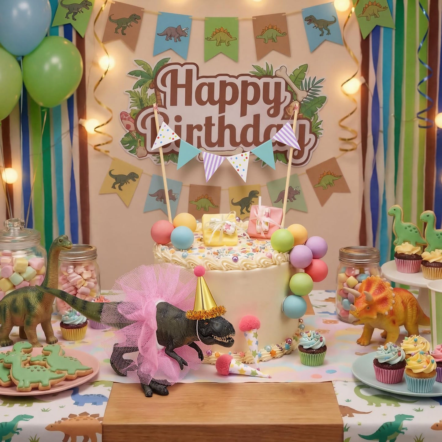 Weysat 19 Pcs Dinosaur Cake Toppers Decorations Set Mini Birthday Hat Skirt Triangle Flag Banner Decor Balls andIce Cream Cone Cake Topper for Dinosaur Theme Birthday Gender Reveal Party Decorations