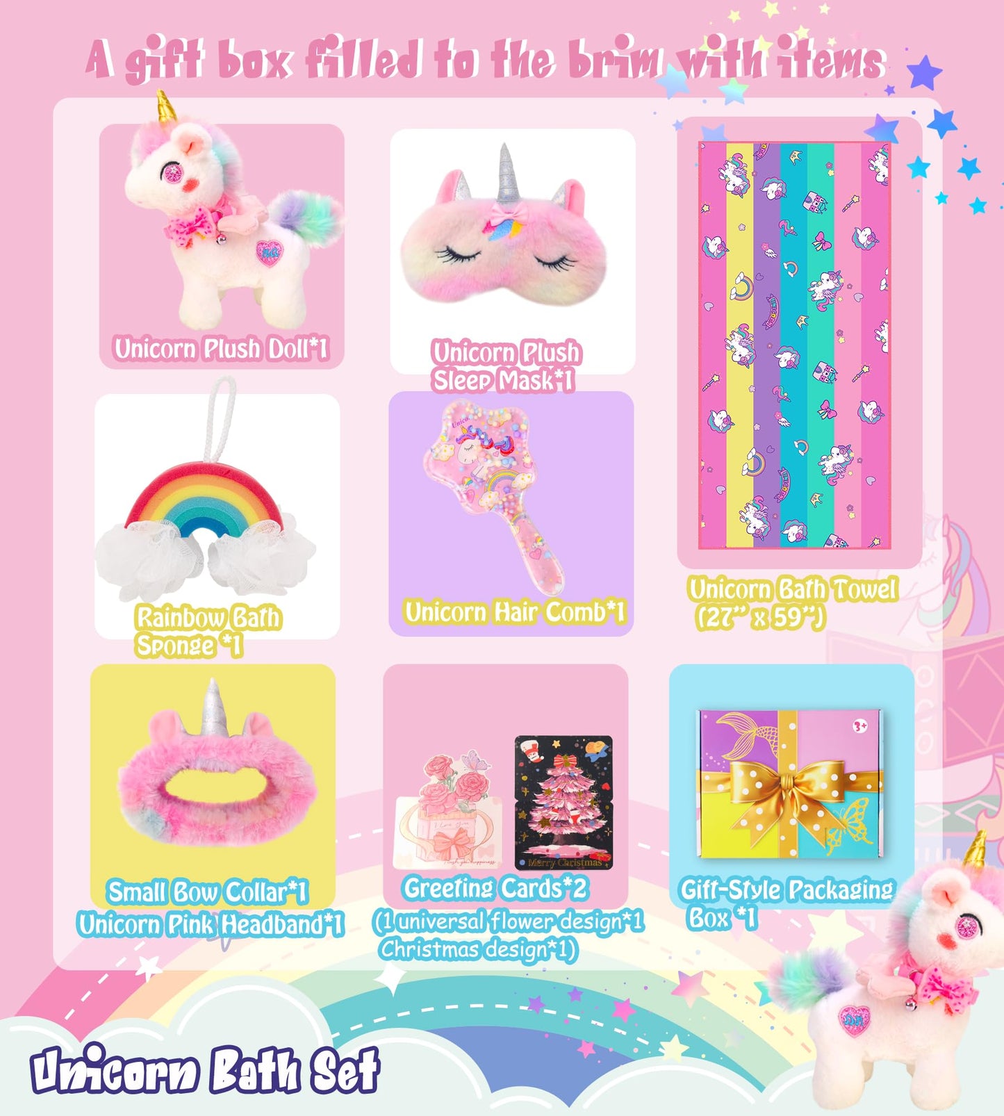 LSSAGOON Unicorn Birthday Plush Toy Gifts Gift Set for Girls Age 3-5 6-8 9-12,Bath Toys Gifts Set with Bath Towels,Headband,Bath Sponge,Sleep Mask,Comb etc.for Christmas,Easter Gifts