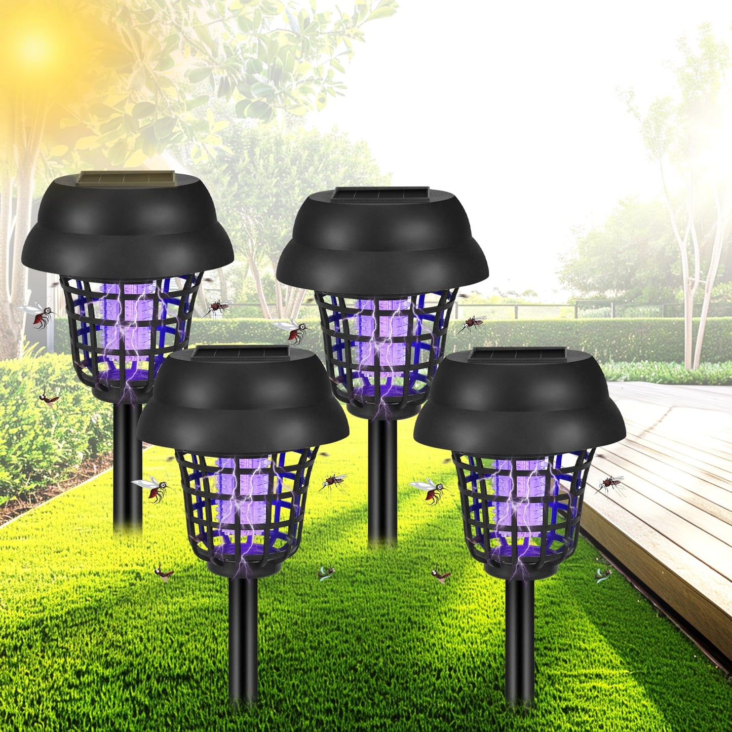 4 Pack Solar Bug Zapper Outdoor Waterproof Solar Powered Mosquito Zapper & Killer for Gnats, Flies, Moths, Fruit Flies, Decorative Ground Stake Light for Garden, Patio, Backyard, Auto ON/Off