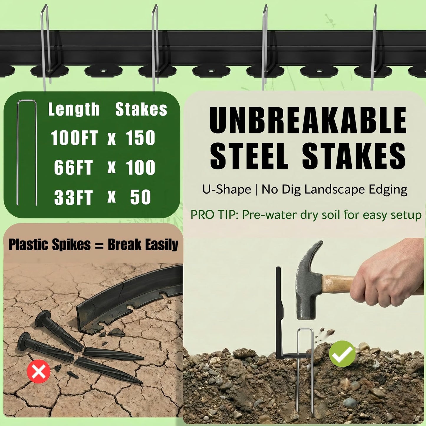 Bluepro Landscape Edging, 4 Inch 33 ft Garden Edging Border Kit with 50 Steel Stakes (Strong) & Reinforced Design - Tall Plastic Lawn Barrier for Flower Beds, Walkways & Yard