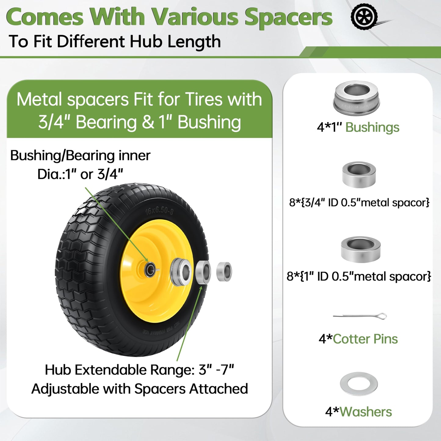 2 PCS 16x6.50-8 Flat Free Riding Lawn Mower Tire and Wheel with 1" Bushing, 3/4"Bearing，3"Offset Hub,Fit for Lawn Mowers and Garden Tractor, Solid Mower Wheel for Residential and Commercial 500 Lbs