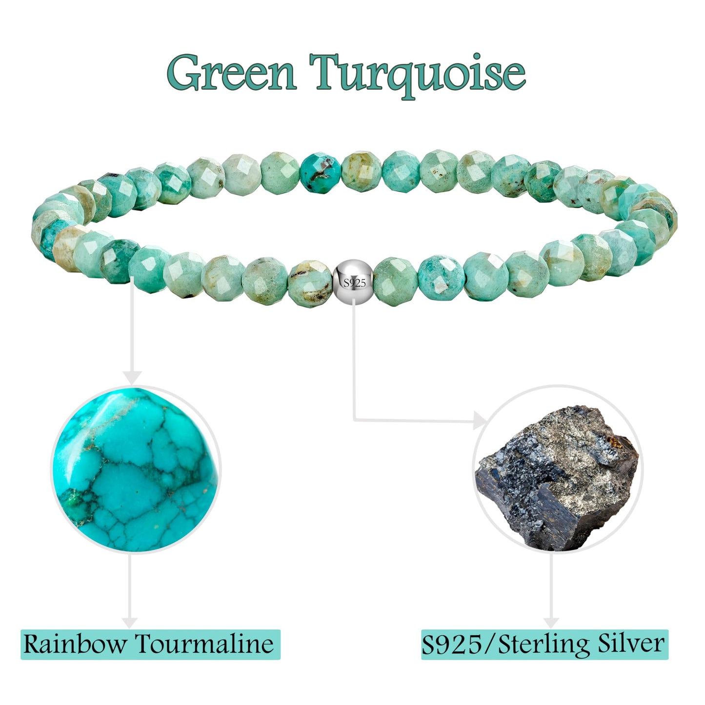 Farfume Green Turquoise - Communication - Beaded Bracelets for Women,Handmade Natural Stone 4mm Beads 925 Sterling Silver Stretch Bracelets, Chakra Crystal Gemstone Jewelry Gifts for Mom