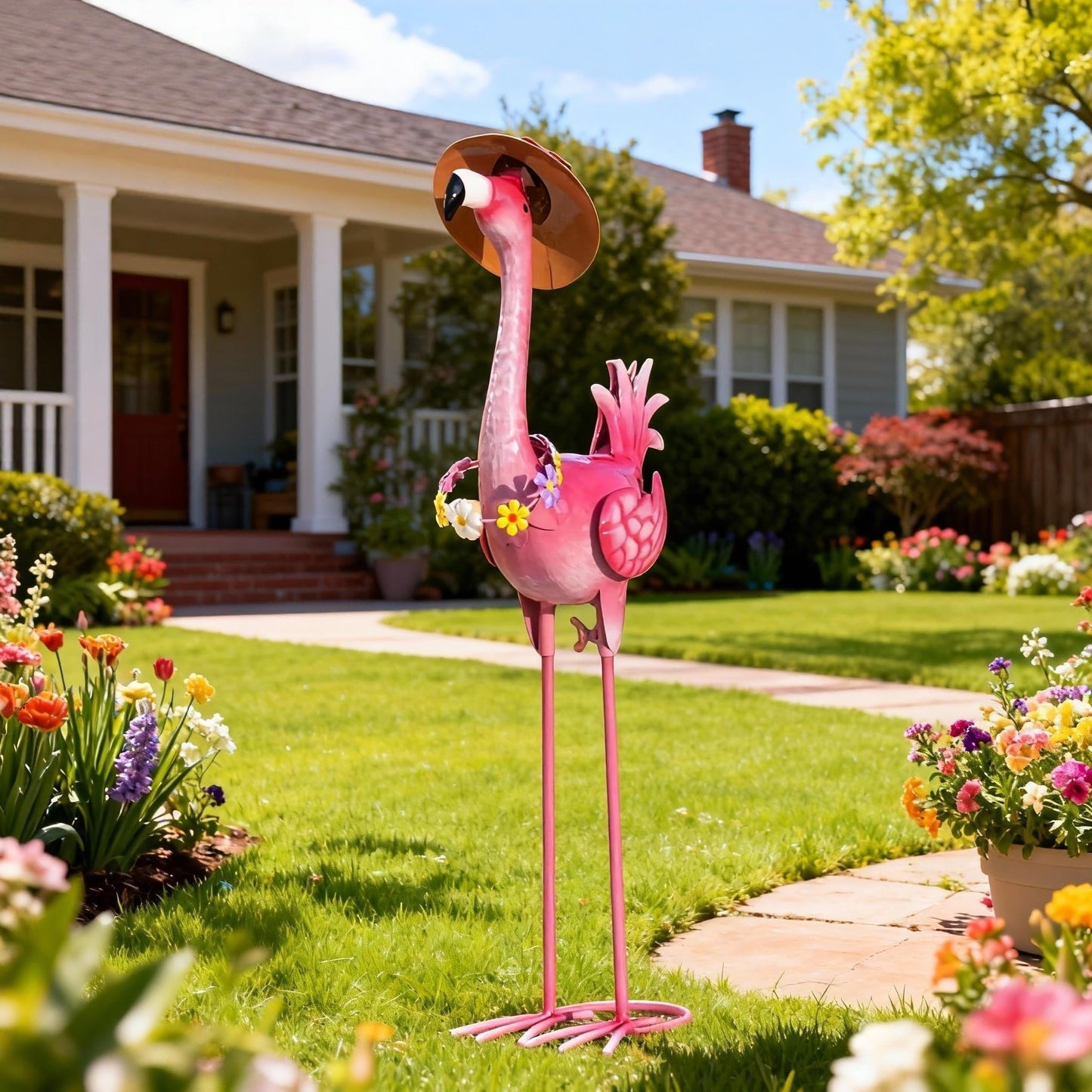 Natelf Flamingo Metal Garden Statue Outdoor Pink Hawaii Flamingo Yard Art Sculpture Decor with Flower Lei & Straw Hat, Waterproof Rust-Proof Lawn Decor for Patio, Poolside, Tropical Party