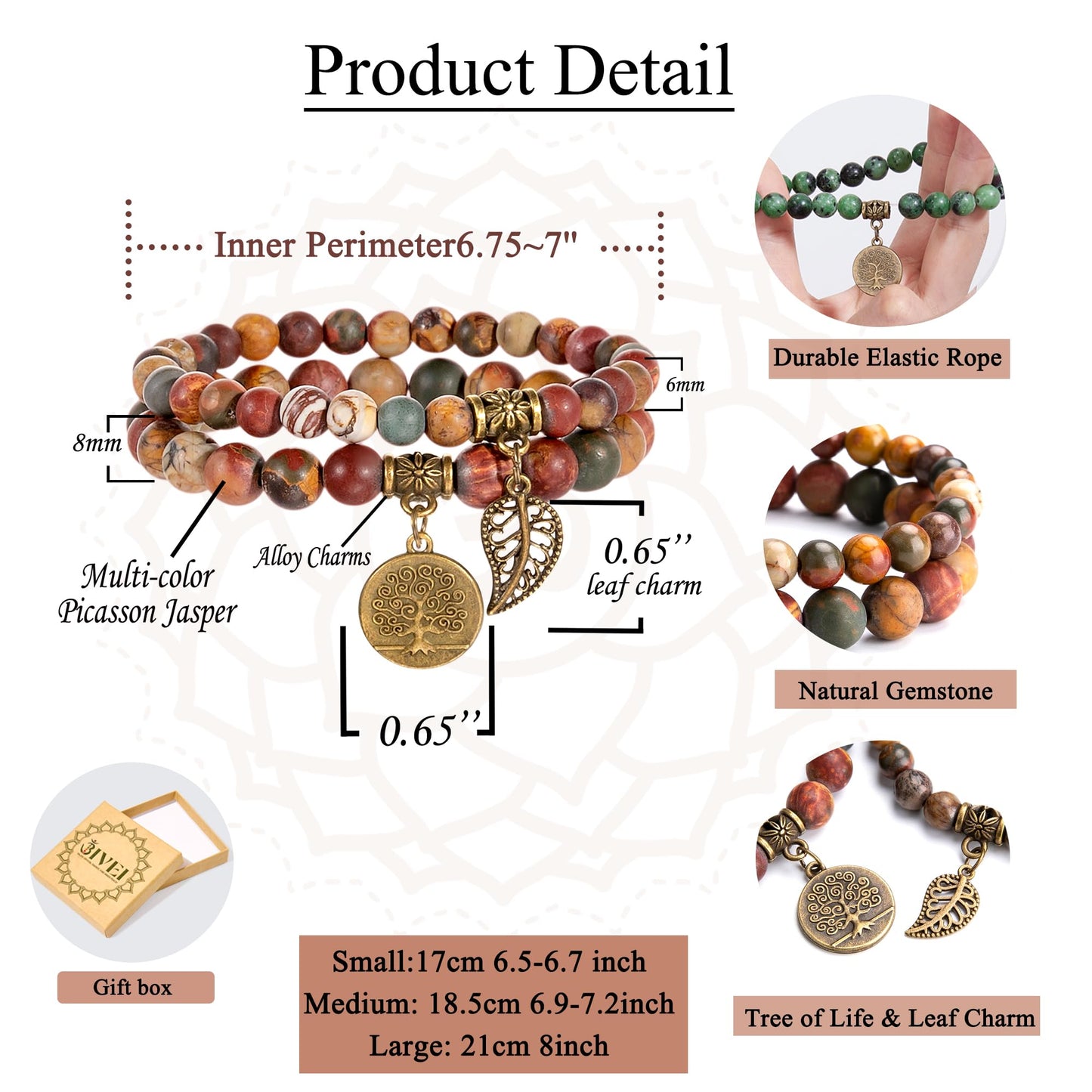 Bivei Natural Semi Precious Gemstone Beaded Bracelets for Women - Life Tree and Leaf Charm Chakra Crystal Picasso Jasper Beads Stretch Bracelet, 8 Inch(Multi-color Picasso Jasper)