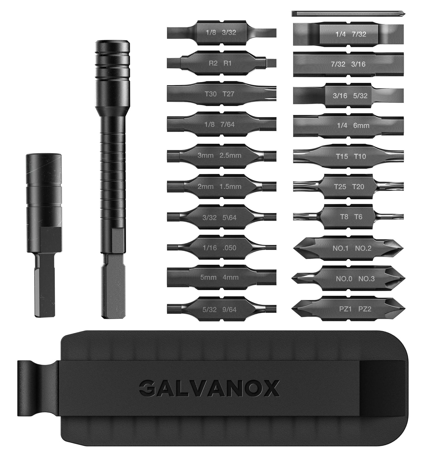 Galvanox 23PC Accessories Set, Compatible with Leatherman Multi-Tools [59HRC] Hardened Double-Sided 21 Piece Bit Kit with Driver Extender, Hex Adapter and Sheath Holder (Black)