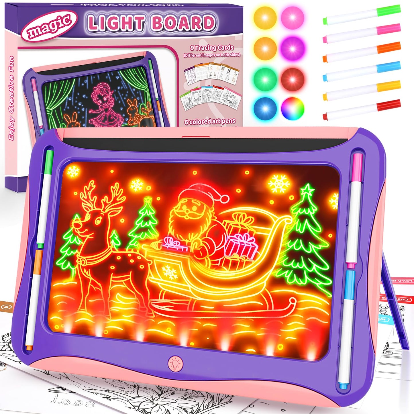 Magic LED Drawing Board for Kids, Girls Toys Age 6-8, Light Up Tracing Pad with 9 Double-Sided Cards, 6 Washable Markers, Arts & Crafts Kits Learning Toy Glow Up Doodle Board Christmas Birthday Gifts