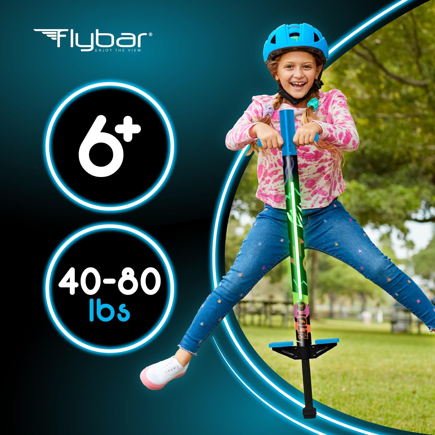 Flybar Jolt Pogo Stick for Kids, Perfect for Beginners w/Foam-Covered Metal Frame, Handles & Padding, Non-Slip Foot Pads, Wide Tip, Outdoor Active Play Toy for Boys & Girls, Ages 6+, Retro Rocket LED