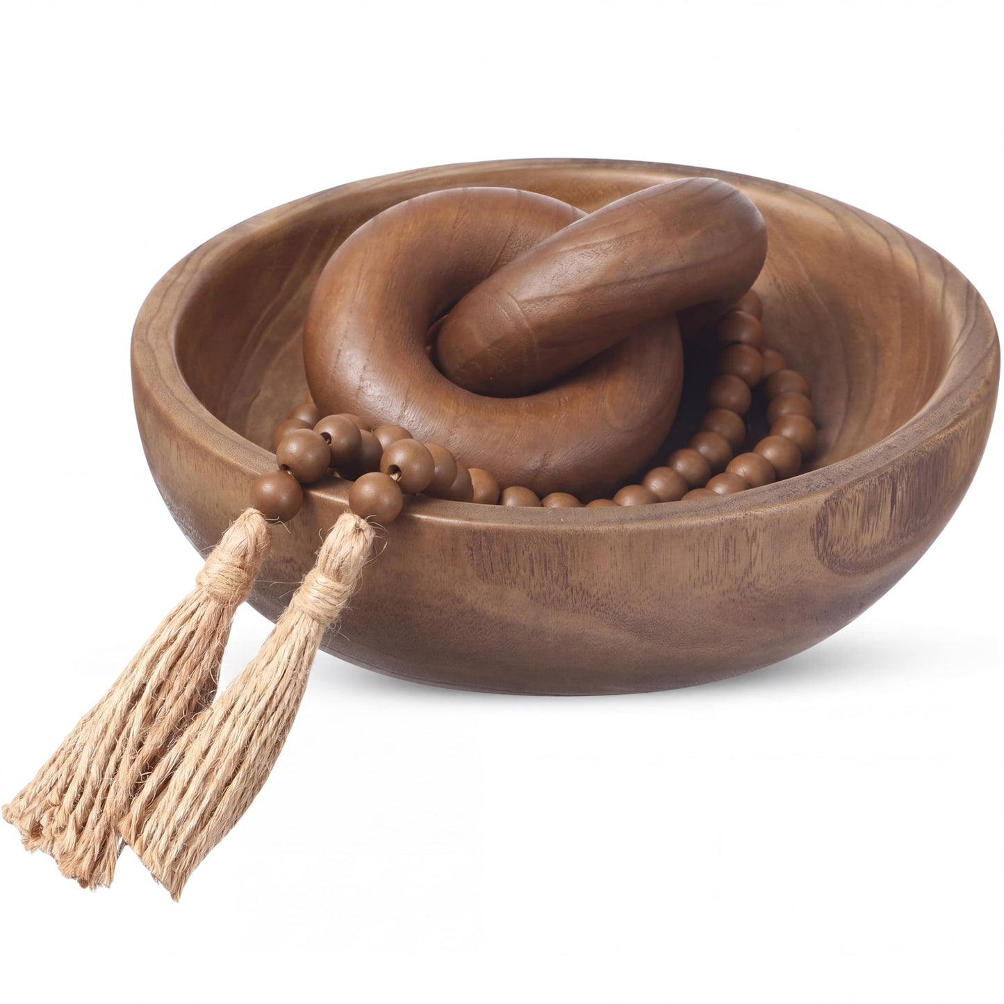Novabright Farmhouse Wooden Decoration Set, Wooden Handmade Bowl, Chain, Beads, Suitable for Home, Bohemian, Coffee Table, Bedroom, Bathroom(Brown)