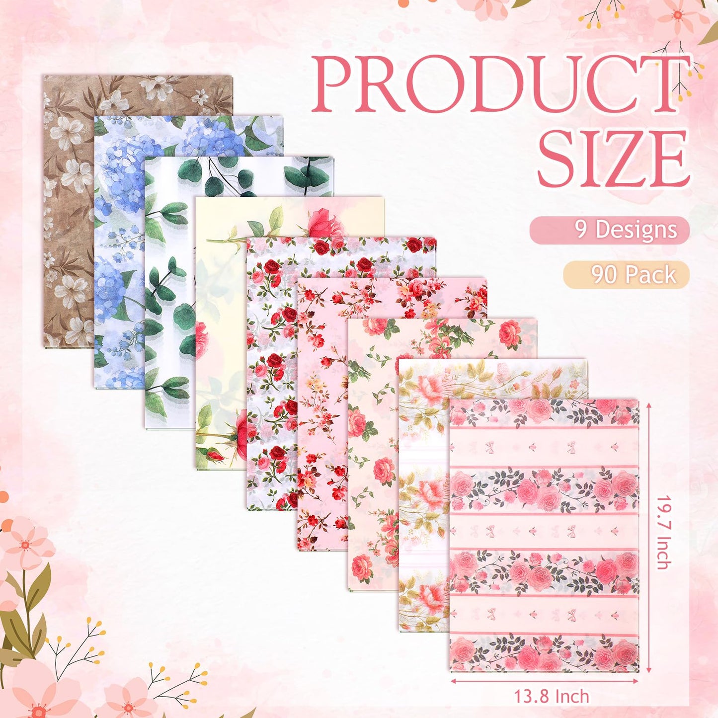 Honoson 90 Sheets Floral Tissue Paper Printed Flower DIY Art Craft Wrapping Paper for Gift Bags Bulk for Wedding Bridal Shower Birthday Party Favor Supplies Decoration, 19.7 x 13.8 Inch(Vivid)
