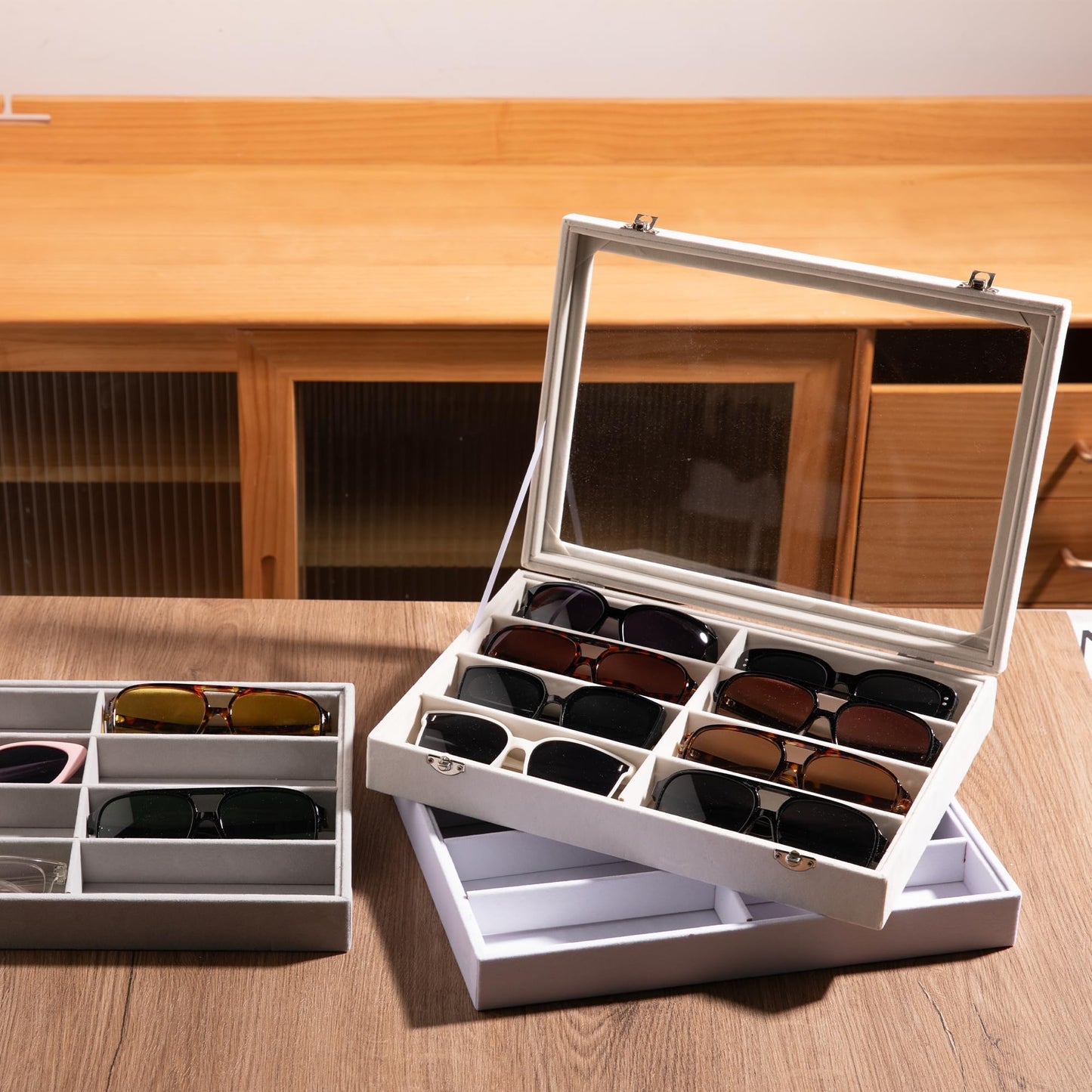 Frebeauty Sunglass Organizer,Velvet Glasses Organizer,8-Slot Sunglasses Tray for Drawer, Men's/Women's Sunglasses Box, Glasses Holder for Watch Stackable Eyeglass/Eyewear Display Tray(Beige)