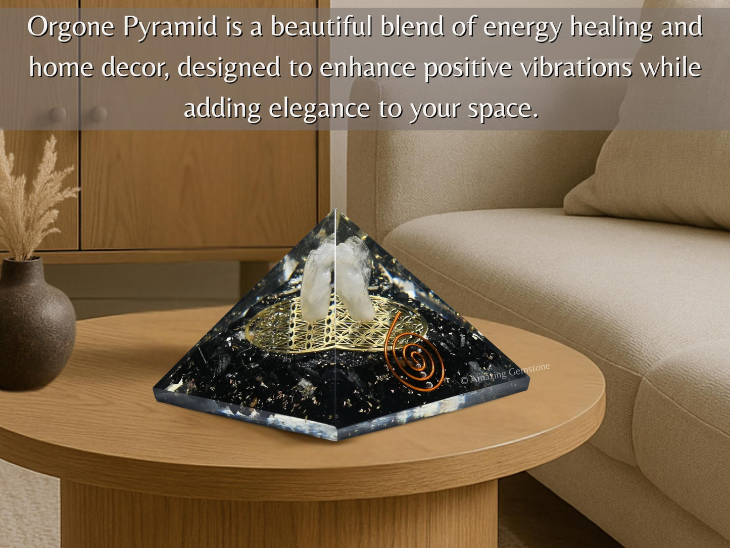 Amazing Gemstone Large Black Tourmaline Orgone Pyramid Crystal, Guardian Angel with Flower of Life Orgonite Pyramid - Positive Energy Healing