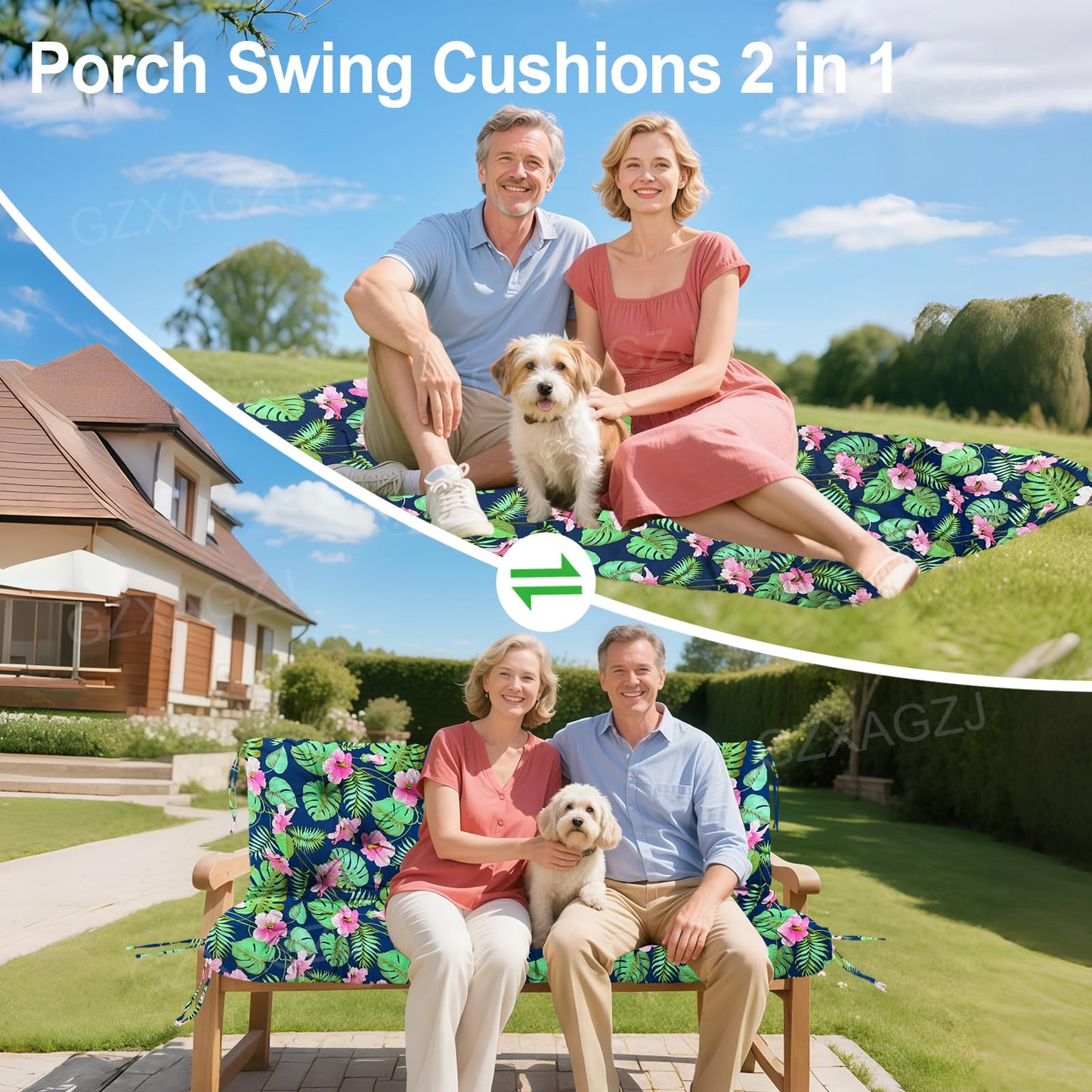 GZXAGZJ Porch Swing Cushions 70x40 inch Waterproof Outdoor Swing Cushions with Backrest and Ties Thicken 5" Swing Cushion for Outdoor Furniture Garden Lawn Patio Backyard (Rainforest Pattern)