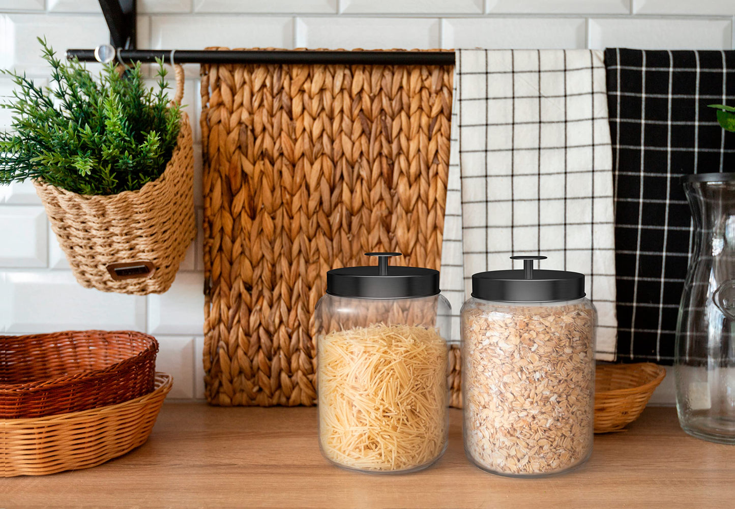 KooK Glass Storage Containers with Lids, Glass Jar with Lid, 1 Gallon, Set of 2, Glass Canister, Storage, Laundry, Kitchen Jar, (Circular, Black)