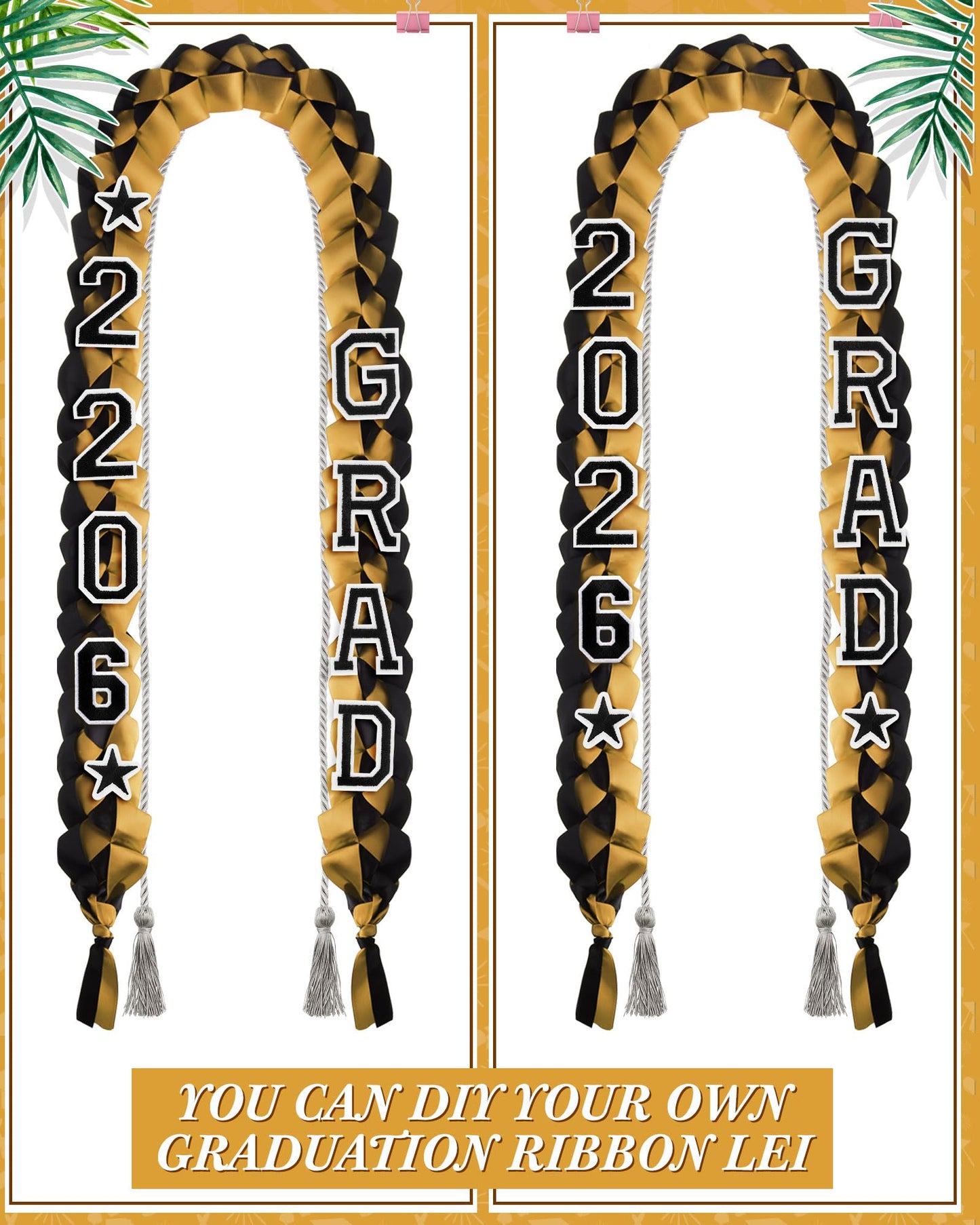 Cindeer 2026 Graduation Ribbon Lei Set Handmade Braided Necklace Honor Cord with Tassel 2026 Grad Embroidery Patches for High School College Graduation Party Supplies(Black, Gold)