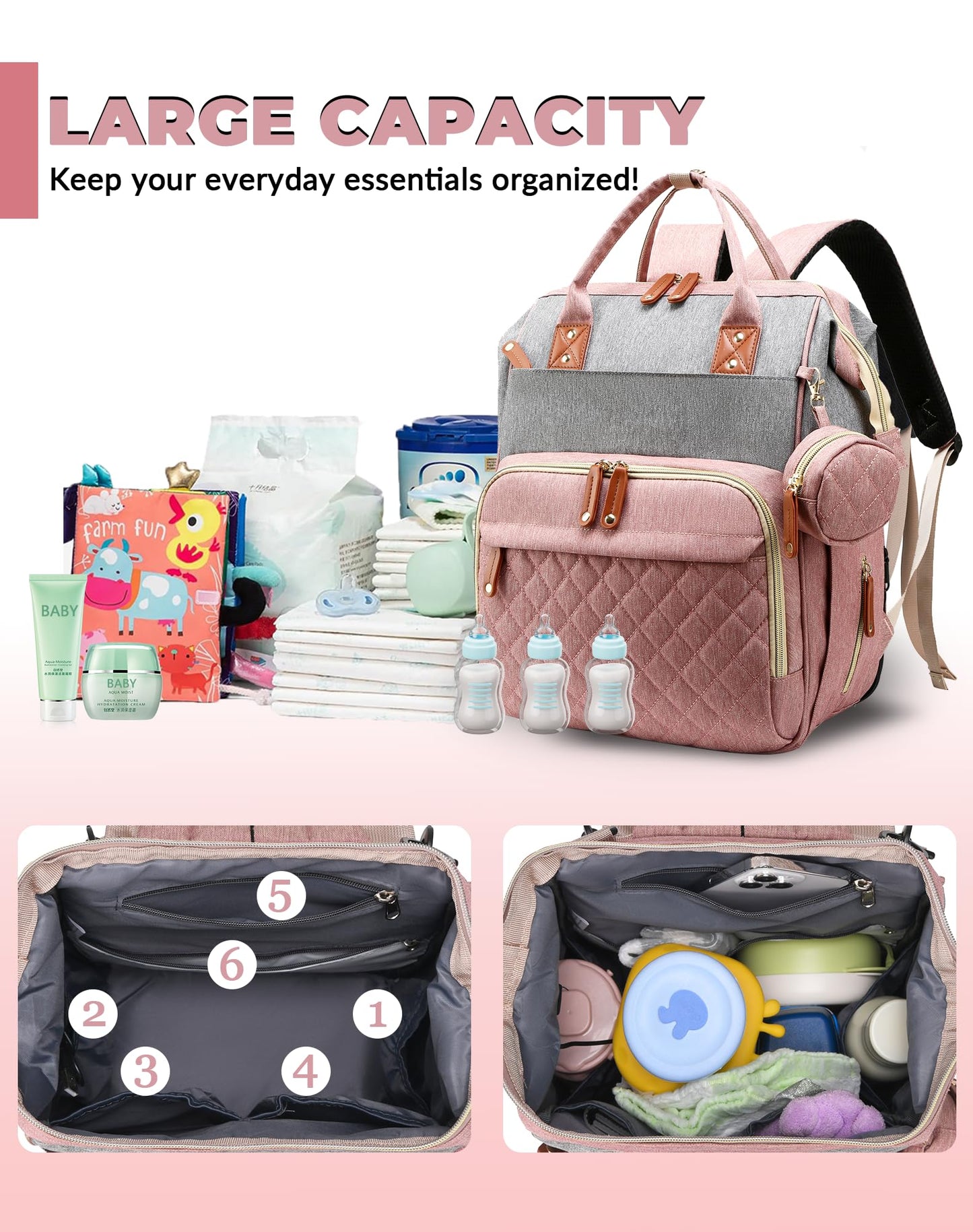 Lamroro Diaper Bag Backpack with Changing Station, Waterproof Large Capacity, Baby Bag for Mom & Dad, 18 Pockets+USB Port, Foldable Changing Pad, Travel Backpack for Newborn Essentials, Baby Gift
