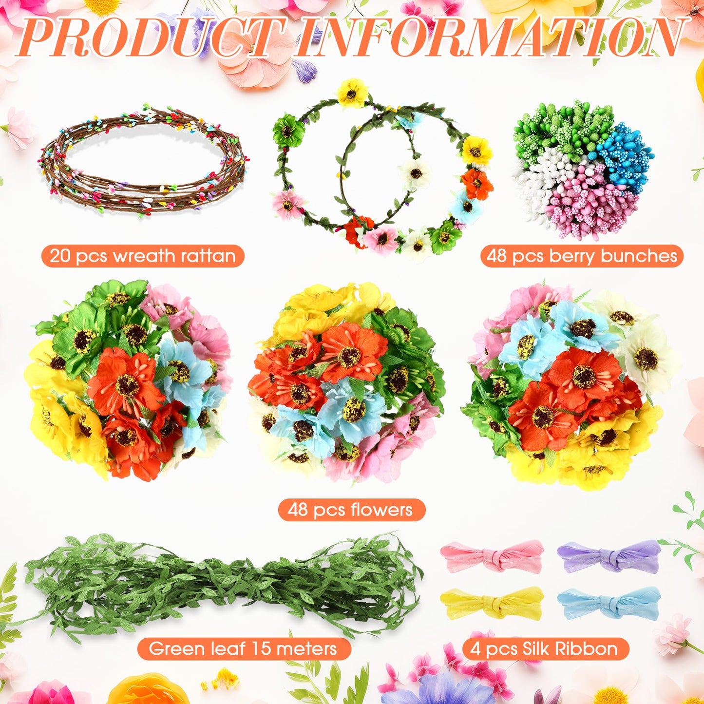 Zeyune 20 Sets Spring Tea Party Favor Flower Crowns Making Kit, Make Your Own Flower Crown Wreath Garland Headbands Craft Kit Handmade DIY Fairy Floral Hair Accessories Gift for Women