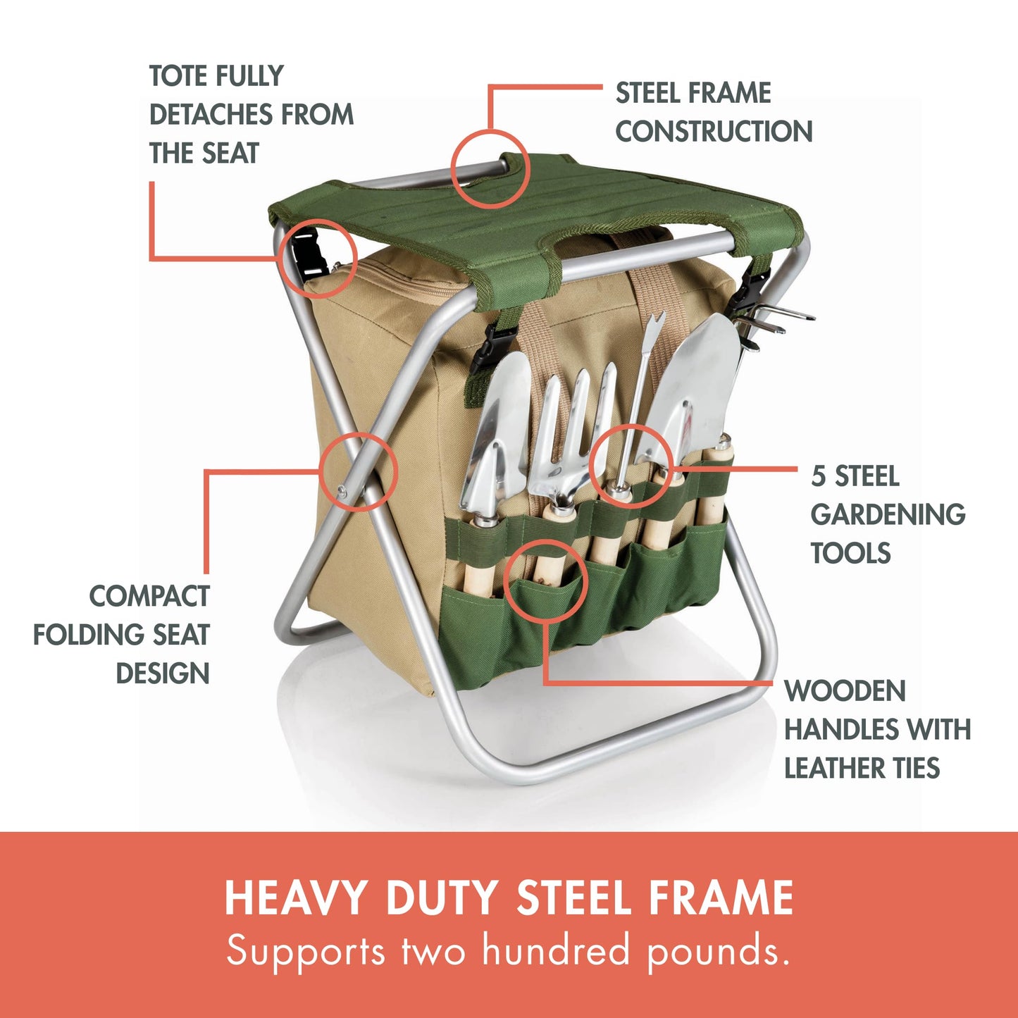 PICNIC TIME Garden Kneeler and Seat, Folding Gardening Bench, Portable Garden Stool and Kneeler with Detachable Tote Organizer for Weeding & Yard Work (Olive Green with Beige Accents)