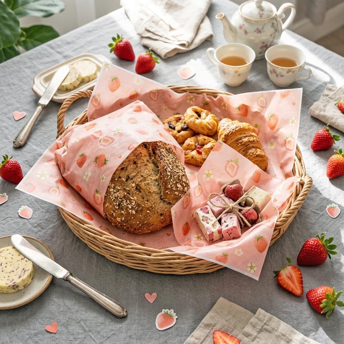 GROBRO7 Strawberry Wax Paper Sheet - 150Pcs Summer Fruit Themed Food Deli Papers with Flower, 9.8 x 8.3in Greaseproof Waterproof Disposable Pink Wrap for Sandwich Picnic Basket Liner Party Supplies