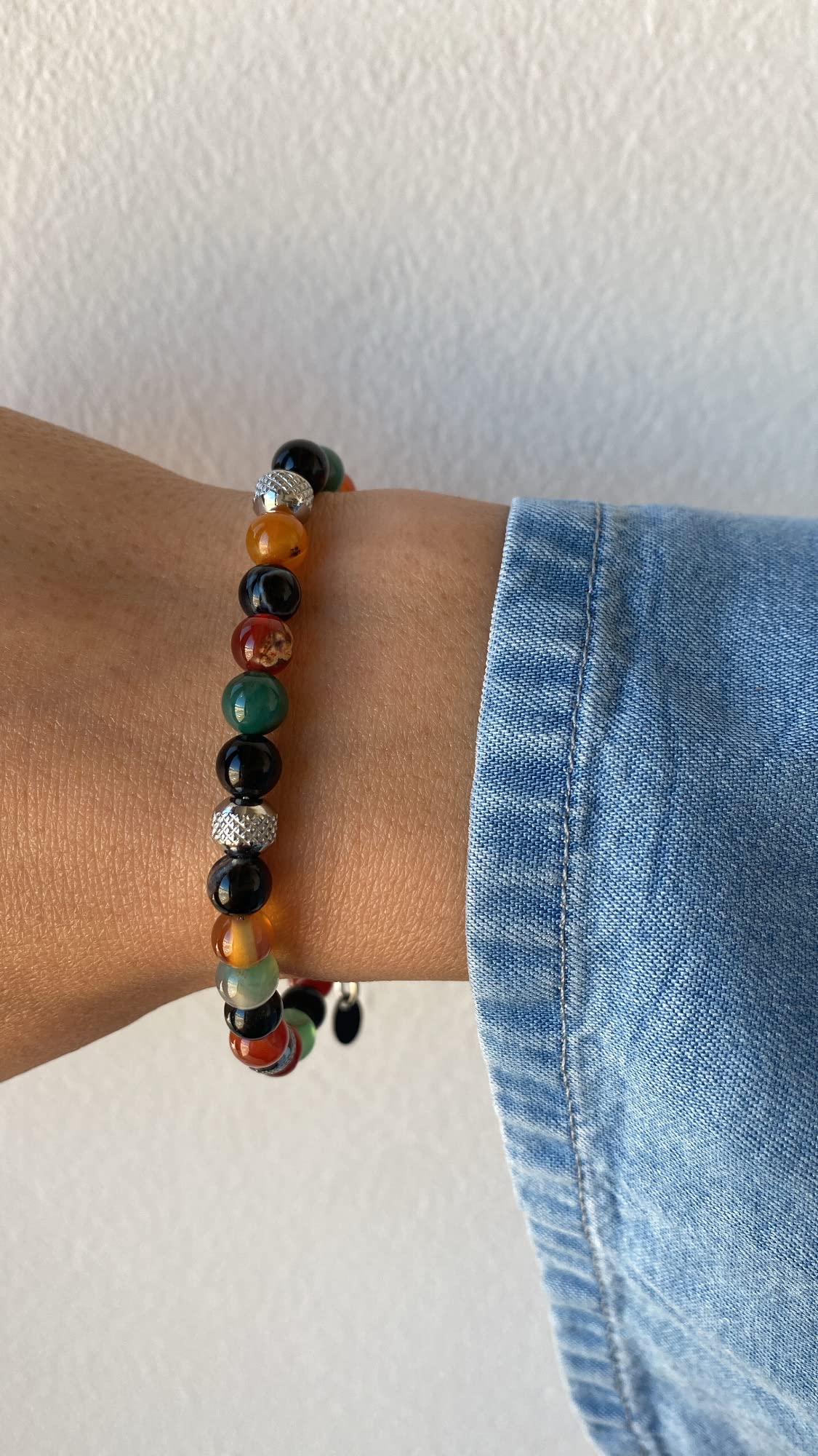 10:10 Beaded Bracelet for Men and Women – Natural Agate Multicolor Gemstones and Stainless Steel – Adjustable & Durable & Elegant – Made in Italy