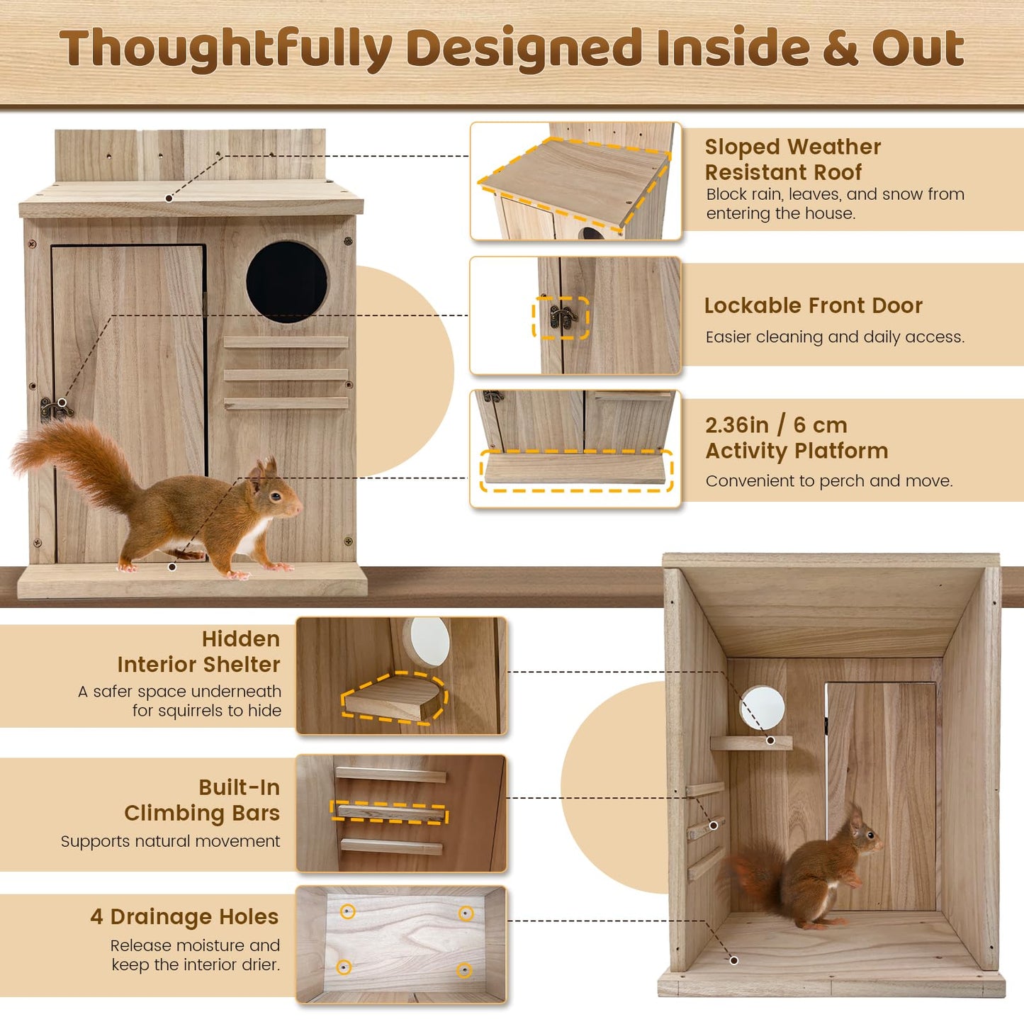 Large Squirrel House for Outside, Natural Wood Squirrel Nesting Box, Easy Installation Squirrel Shelter for Squirrels & Small Animals