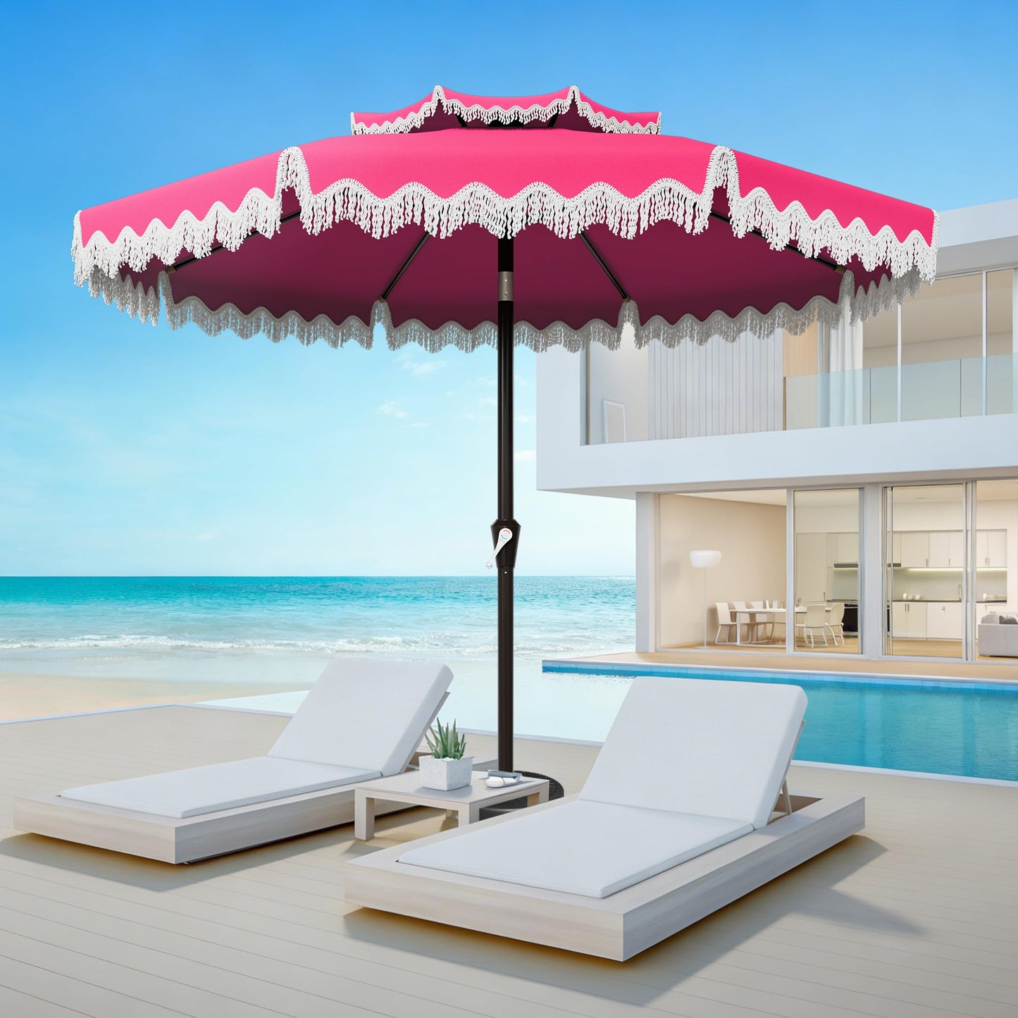 AreShark 9FT Patio Umbrella with Fringe, Wind-Resistant Fiberglass 8 Ribs Tassel Outdoor Umbrella with Crank and Push Button Tilt, Double Tier Vent Sun Shade for Pool, Deck, Backyard, Rose Pink