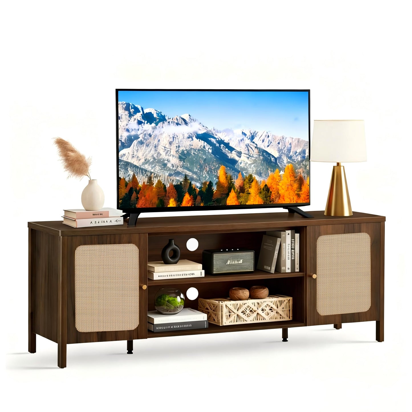 KISLOT Rattan TV Stand for TVs up to 75'' Boho Entertainment Center with Adjustable Shelf Television Stand with 2 Storage Cabinets Media Console Wooden TV Cabinet for Living Room Bedroom,Walnut