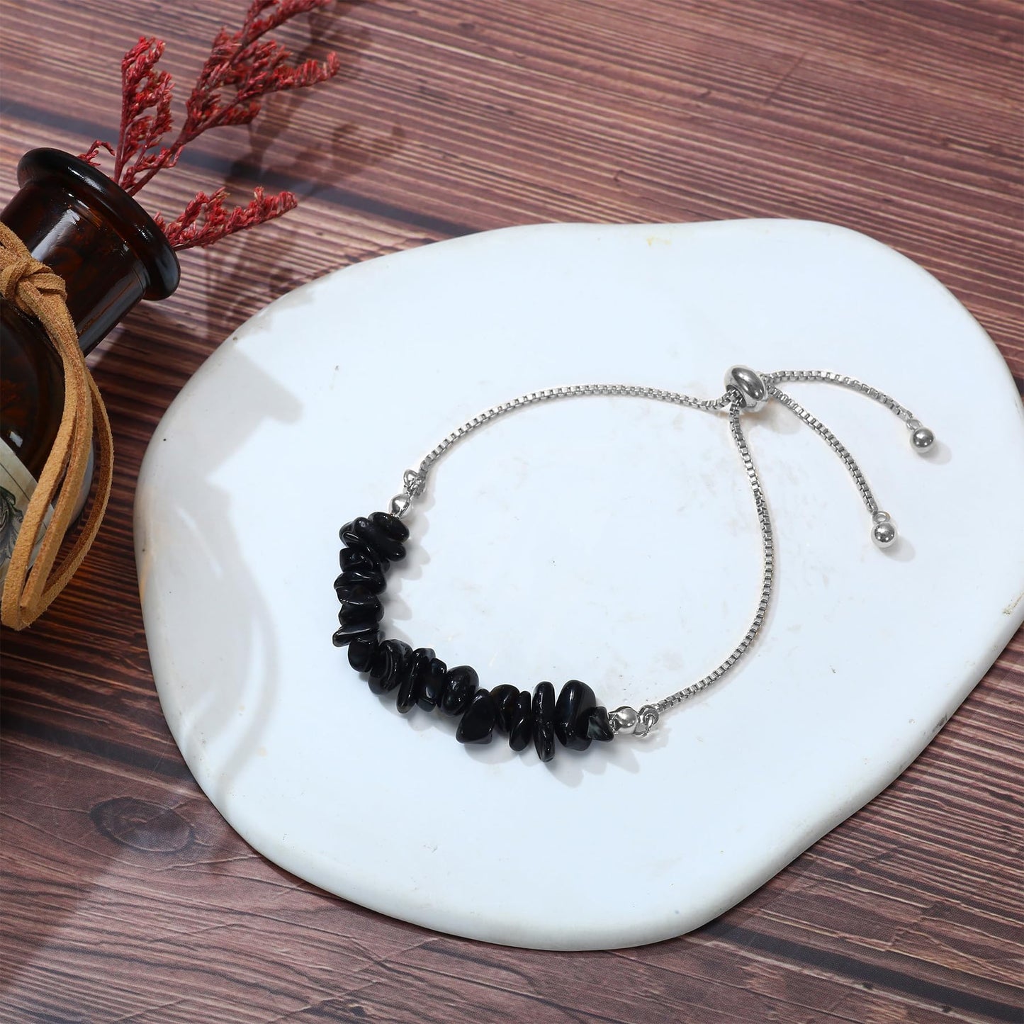 Natural Black Tourmaline Bracelet - Authentic Black Tourmaline Link Chain, Stone Bracelet Healing Protection Energy Chakra Yoga Crystal Jewelry Gift for Women (Style2)