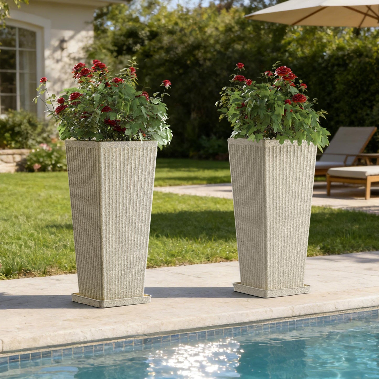 Trygoal Tall White Planters for Outdoor Plants - 23.6" Classic Tapered Large Outdoor Planters Set of 2 with Drainage Holes/Partition/Tray, Heavy-Duty Front Porch Planter for Porch Patio, Garden Vase
