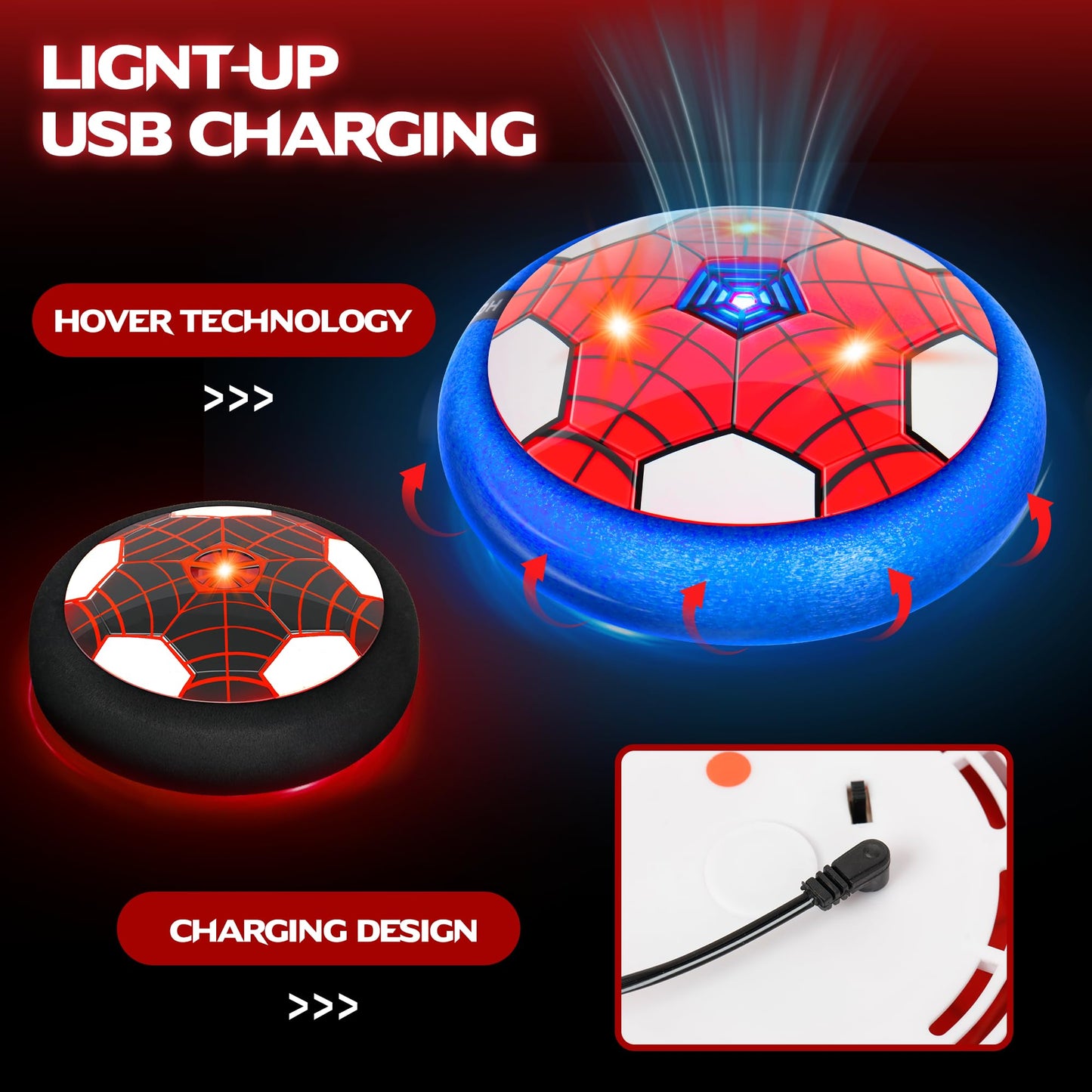 HitToys Hover Soccer Ball Toy for Kids, 2 Pack LED Light-Up Indoor Soccer Balls, 3-in-1 Hover Soccer Hockey Set, Air Floating Football with Rechargeable Battery, Gifts for Boys Girls Ages 3+
