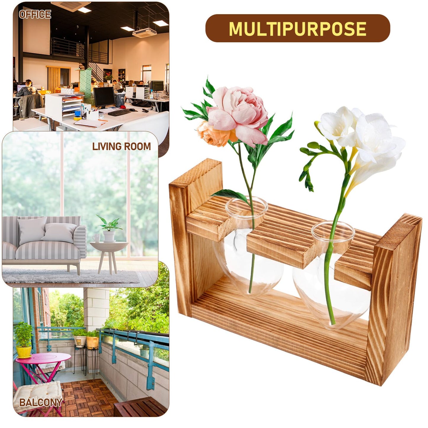 Abaodam Heart Shaped Hydroponic Glass Vase with Wooden Frame Stand, Desktop Plant Propagation Station for Indoor Terrarium and Flower Centerpiece Decor