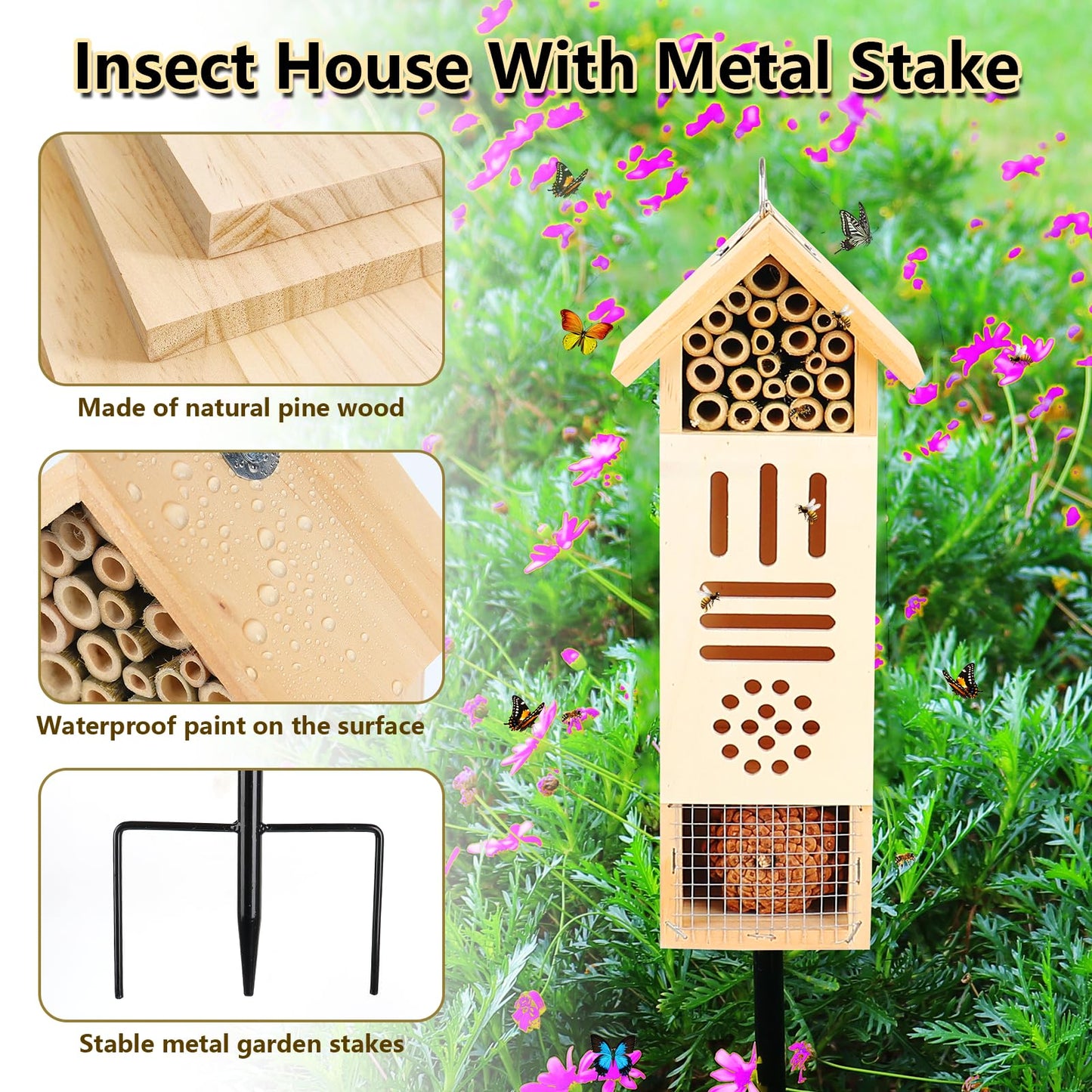 Wooden Insect House, Bee House with Metal Stake for Garden, Natural Ladbugs Habitat & Butterfly Hotel on The Ground or Hanging on Tree Wall (Pine, 3.34'' x 2.56'' x 11.8'', 11.8'' H Stake)