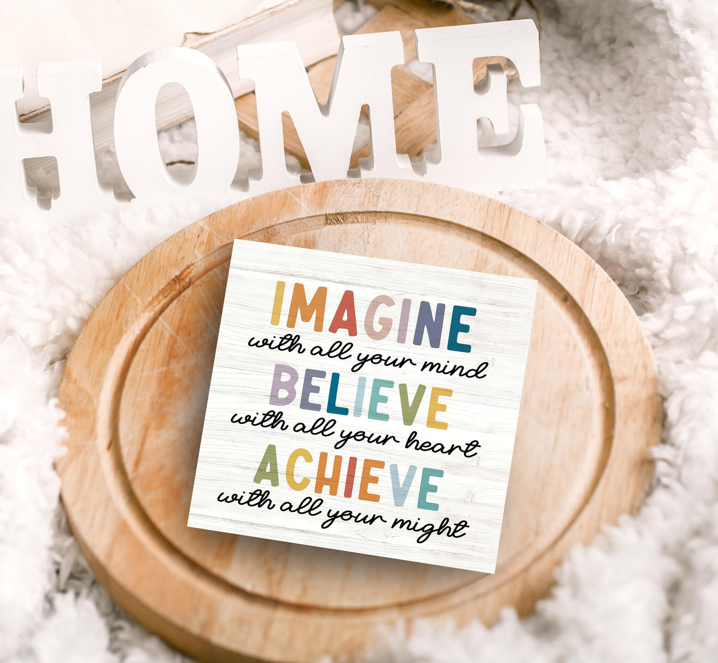 SRADMO Inspirational Wood Box Sign Desk Decor, Imagine Believe Achieve Motivational Theme Wooden Block Box Sign Decoration for Home Office Workplace Desk Shelf Table Decor