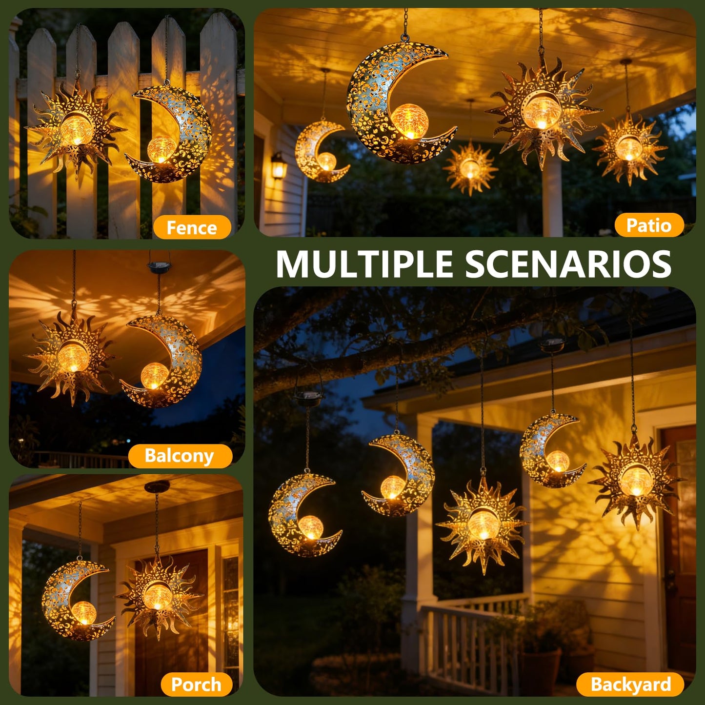 QCF Solar Hanging Sun and Moon Lights Garden Outside Decor,2 Pack Metal Lanterns Outdoor Sunflower Art Decorations for Porch Backyard Patio Wall Tree,Unique Gardening Gifts for Women Mom Grandma