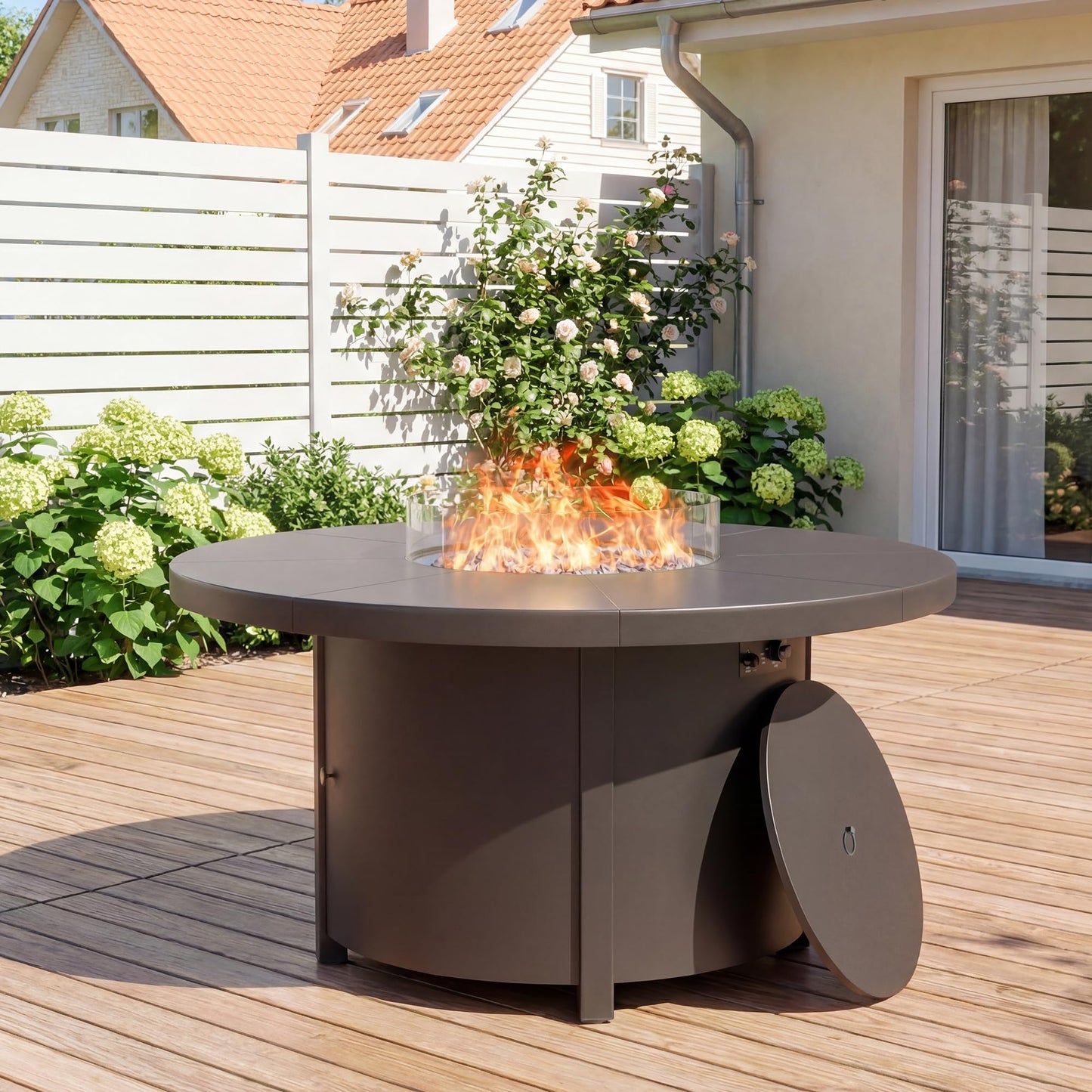 RTDTD 48" Round Propane Fire Pit Table,55000 BTU Round Firepit,Outdoor Fire Pit with Fire Glass,Lid,Waterproof Cover and Blue Glass Stone for Backyard,Garden,Patio
