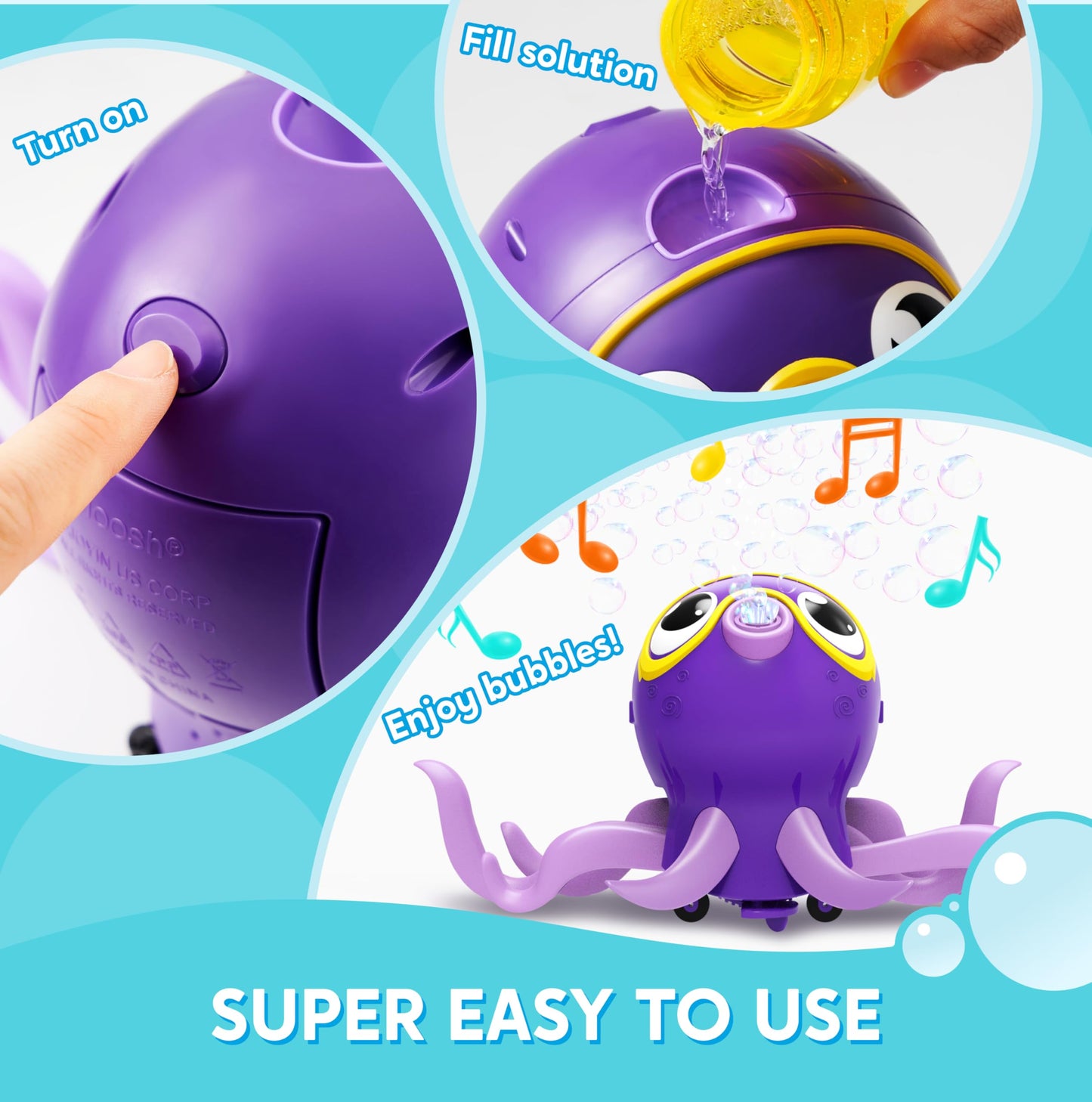 SYNCFUN Dancing Octopus Bubble Machine with Music, 360° Moving & Auto-Avoidance, Cute Bubble Machine Gun Blower with Solution Refills for Kids,Easter,Outdoor, Birthday,Party