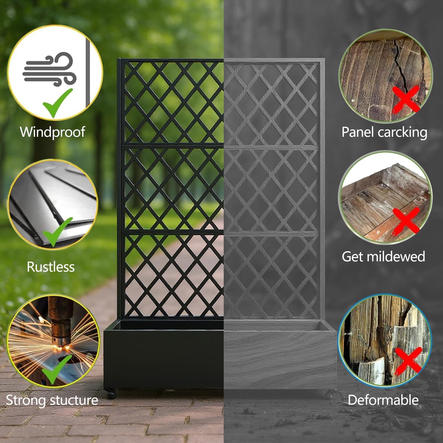 IDEALHOUSE 72"x47" Galvanized Raised Garden Bed with Diamond Trellis, 12" Deep Planter Box on Locking Wheels, Drainage Holes for Climbing Plants, Flowers, Patio, Balcony & Small Spaces, Black