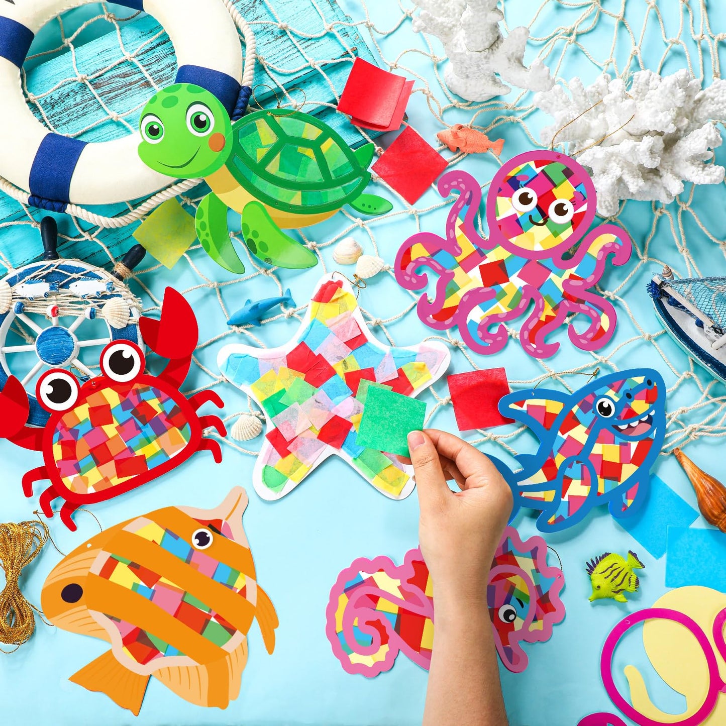 DoubleFill 48 Pcs Marine Animals Suncatchers Craft Kits DIY Under The Sea Summer Stained Glass Effect Tissue Paper Kits Bulk for Summer Window Decor Ornament Party Home Art Activities