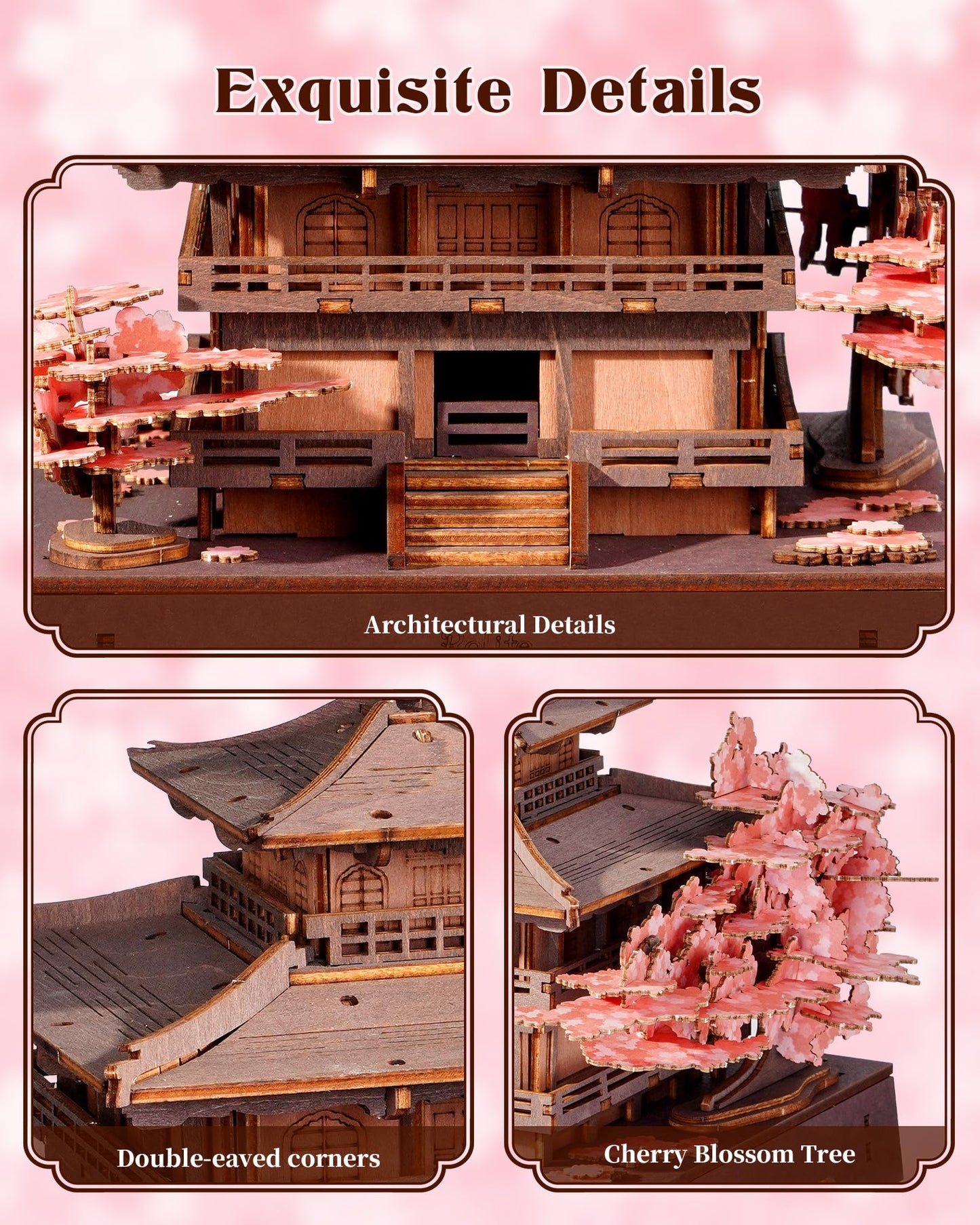 Rolife 3D Wooden Puzzle Sakura Pavilion, DIY Japanese Architecture Model & Miniature House Building Kit for Adults, 235PCS Wood Craft Puzzle, Cherry Blossom Home Decor for Teens and Adults