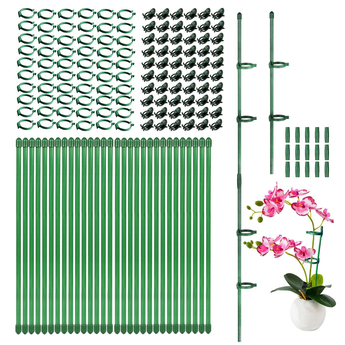 165Pcs Adjustable Plant Stakes, 30Sets Garden Plant Support Sticks, 30Pcs Fiberglass Plant Pole Stand, 60Pcs Rings, 60Pcs Clips, 15Pcs Connectors for Potted Plant Flower Tomato Orchid Vegetable