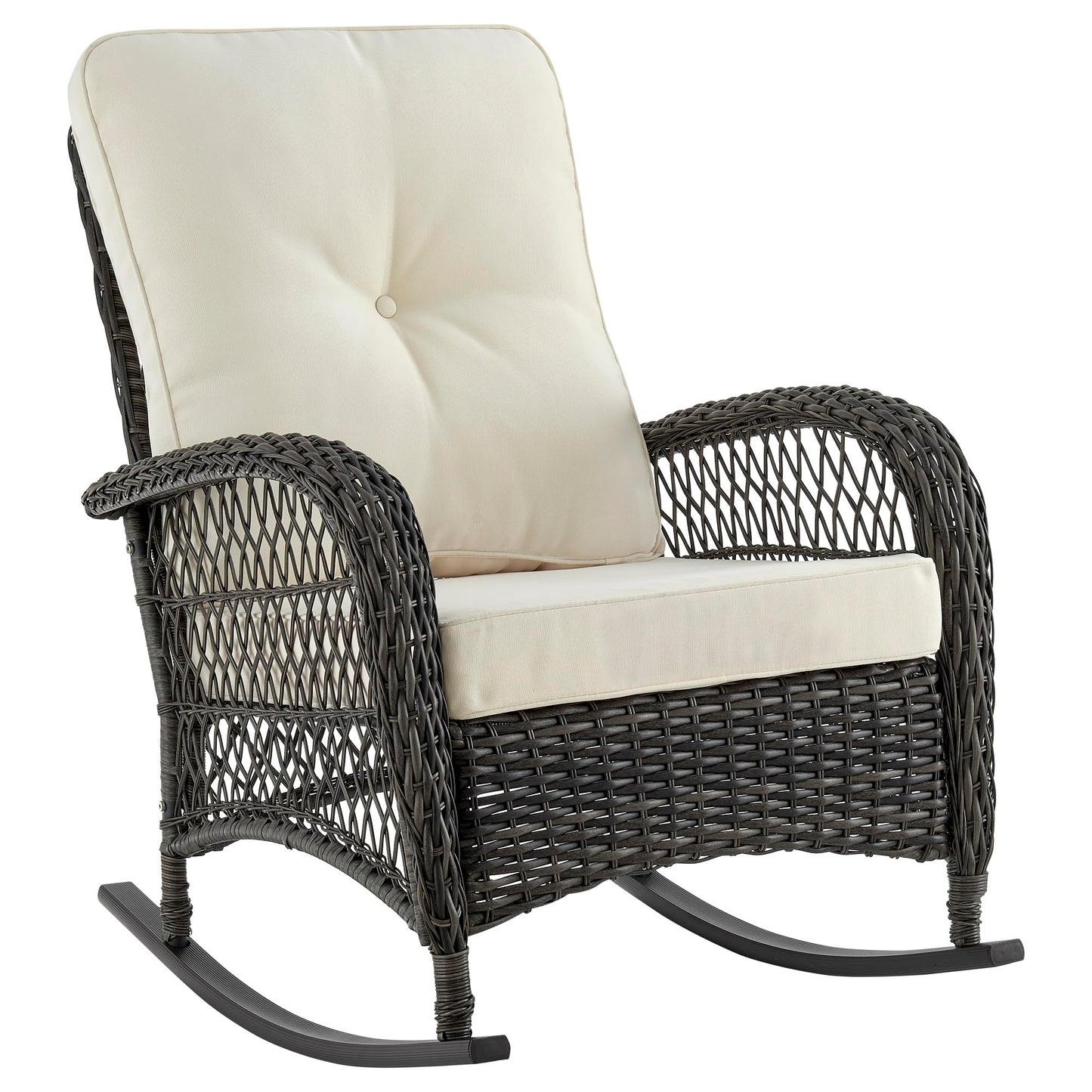Manhattan Comfort Fruttuo Outdoor Rocking Chair with Removable Waterproof Cushions, Made of Steel Rattan, Weather-Resistant Patio Rocker with Curved Edge and Sturdy Steel Frame, Cream
