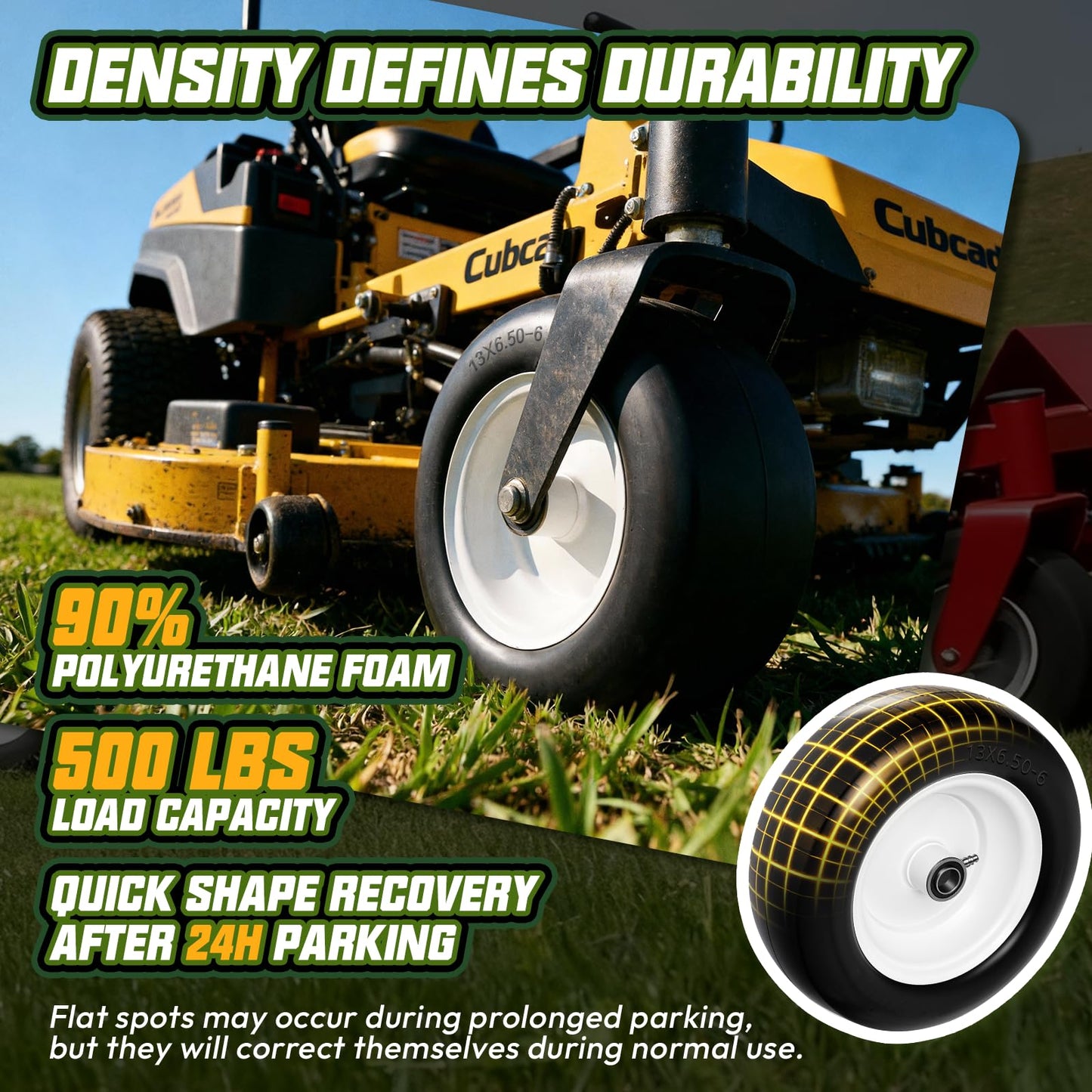 QILINGLORY 13x6.50-6 Flat Free Lawn Mower Tires and Wheel with 3/4" bearing bore Flat-Free, with 5/8” Bearings & Spacers, Fits Riding Mower, Zero Turn, Garden Tractor, 500 lbs Capacity, 2-Pack