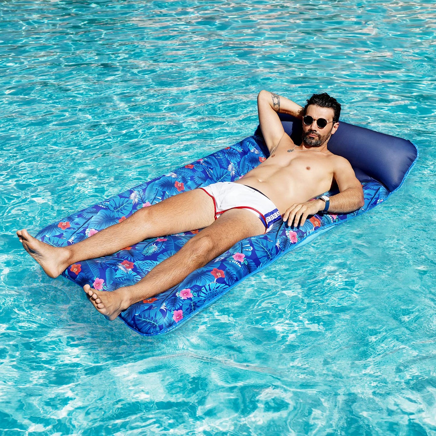 FindUWill Oversized Pool Floats for Adults - 72" X 37" Extra Large Fabric-Covered, Inflatable Pool Lounger with Headrest Ultra-Comfort Cooling Pool Floaties Mat (XL, Monstera Blue)