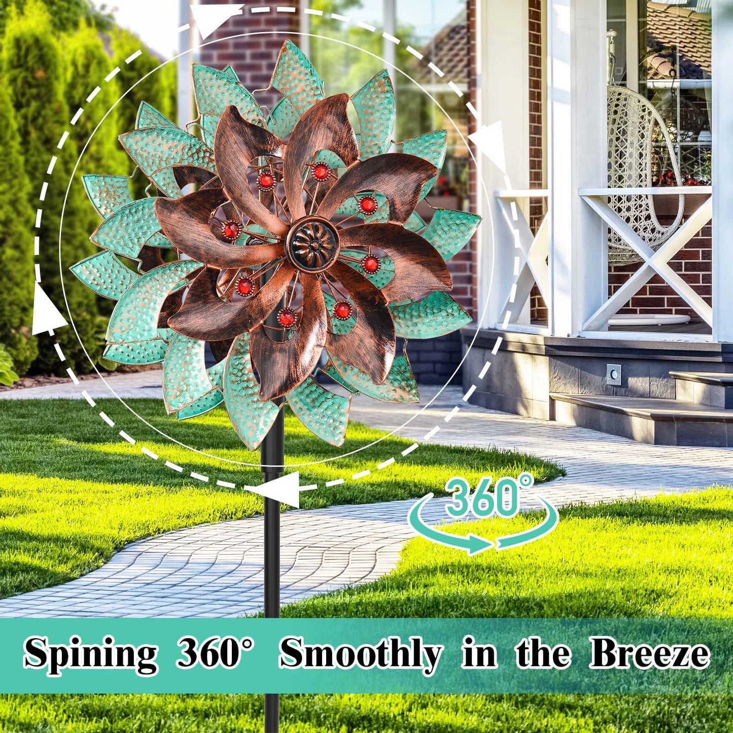 KHayRovies 360°Metal Wind Spinners Outdoor for Garden Yard, 64" Kinetic Large Wind Spinner & Sculptures with Stable Metal Stake, Garden Windmill for Yard Lawn Patio Art Decor (Green-Brown)
